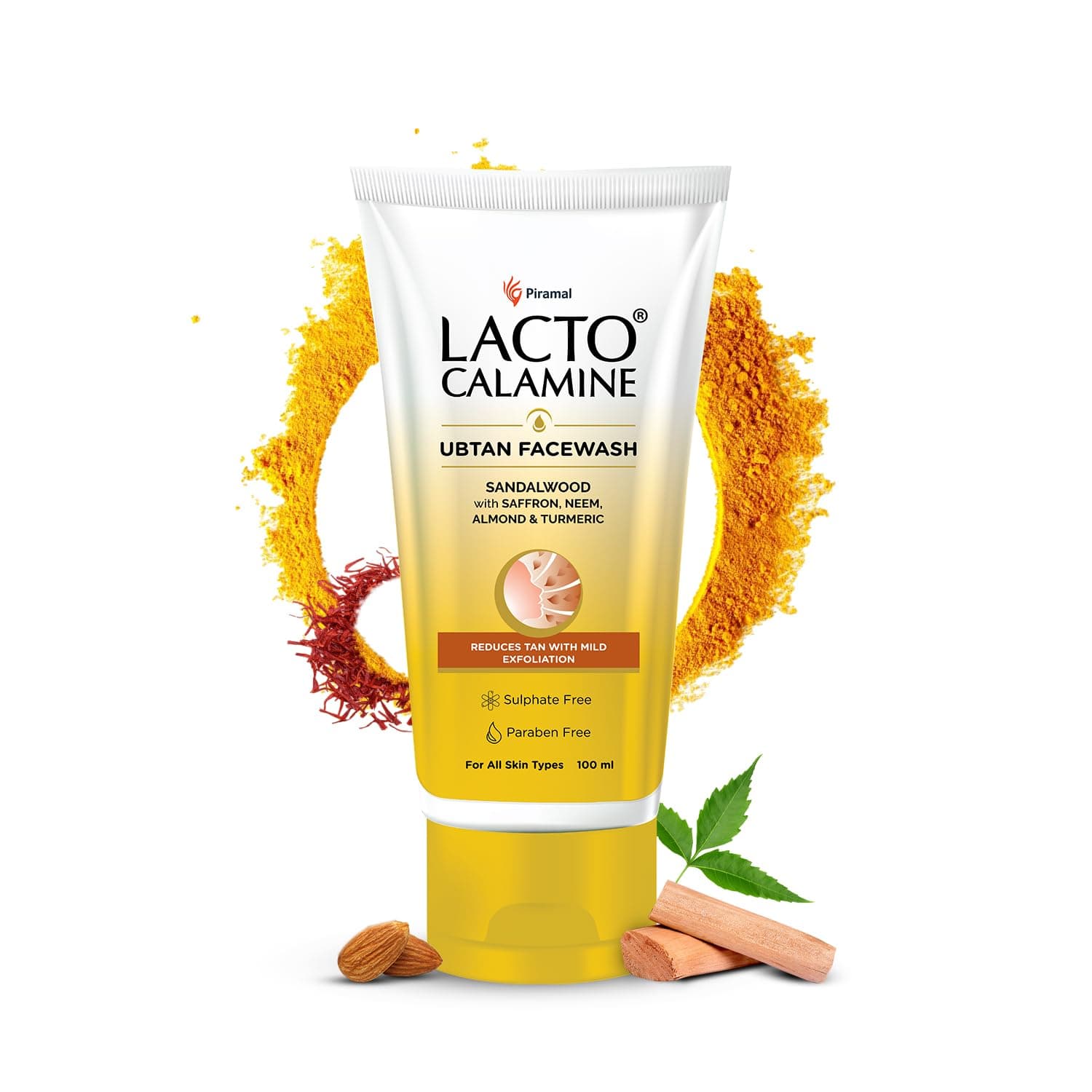 Lacto Calamine Ubtan Face Wash for Glowing Skin | Natural Face Wash with Sandalwood, Saffron, Neem, Almond & Turmeric | Exfoliating Facewash reduces Tan | Sulphate, Paraben Free | 100 ml Pack of 1