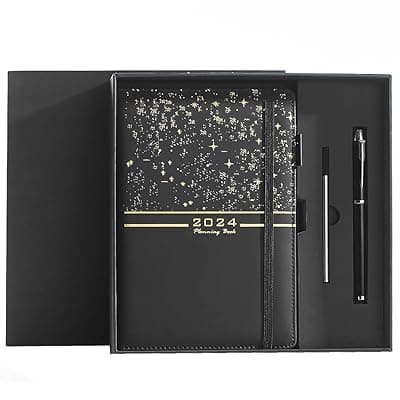 ZIBUYU® A5 Diary For Men Black PU Leather Planner With Pen & Refill, Refillable Daily Monthly Yearly Organizer Notebook, Professional Office Journal, Elegant Business Gift For Students And Gentlemen
