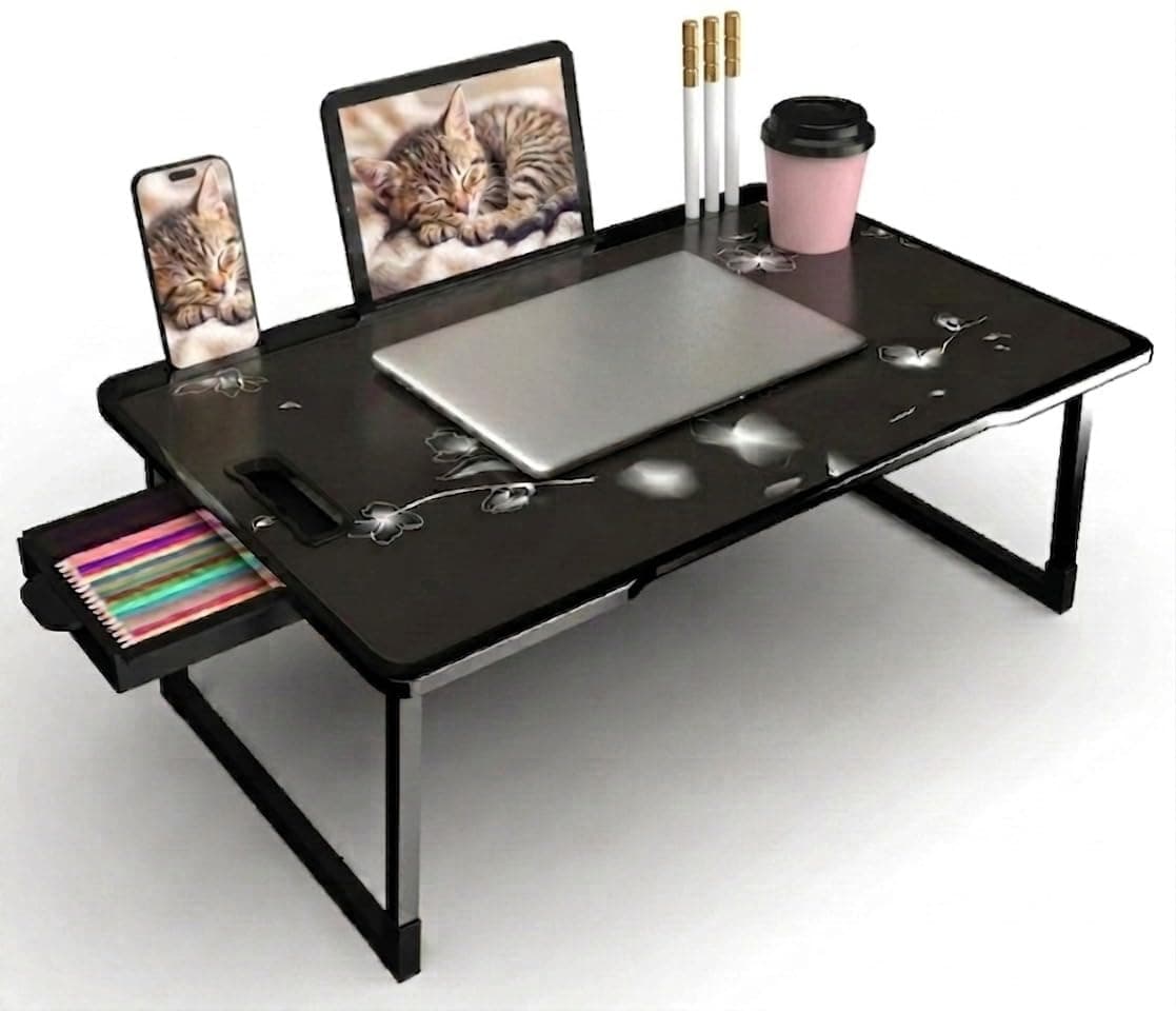 Wood Multipurpose Foldable Laptop Table with Cup Holder | Table Home Study Writing Table, Foldable and Portable/Ergonomic Edges Kids & Adults (TUL-FLOWER-KUM)