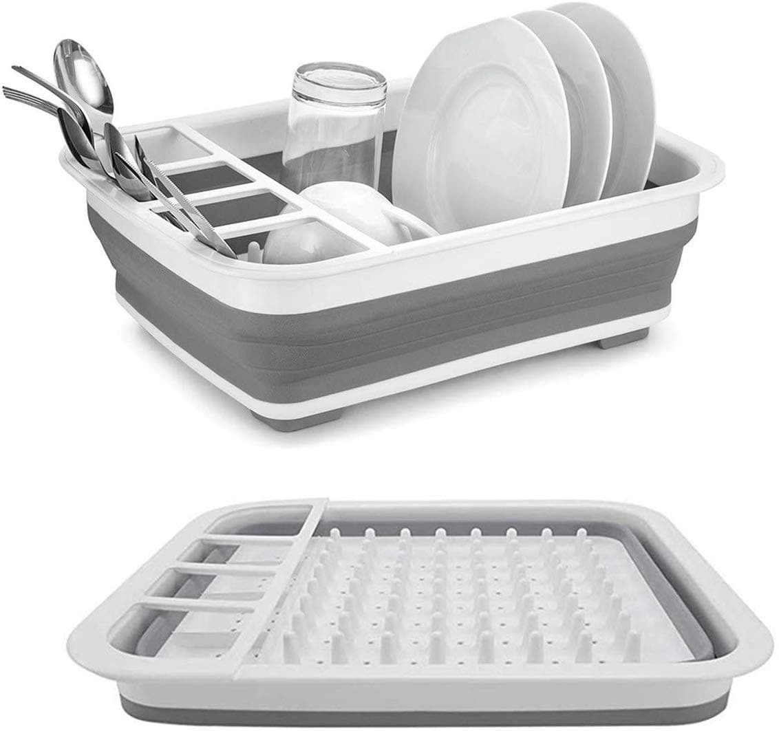 One Enterprises Collapsible Dish Drainer/Dish Drying Rack with Spoon Storage Holder Utensil Dinnerware Travel Organizer - Heavy Duty Plastic & Silicone (PP + TPE) - Dishwasher Safe for Easy Cleaning