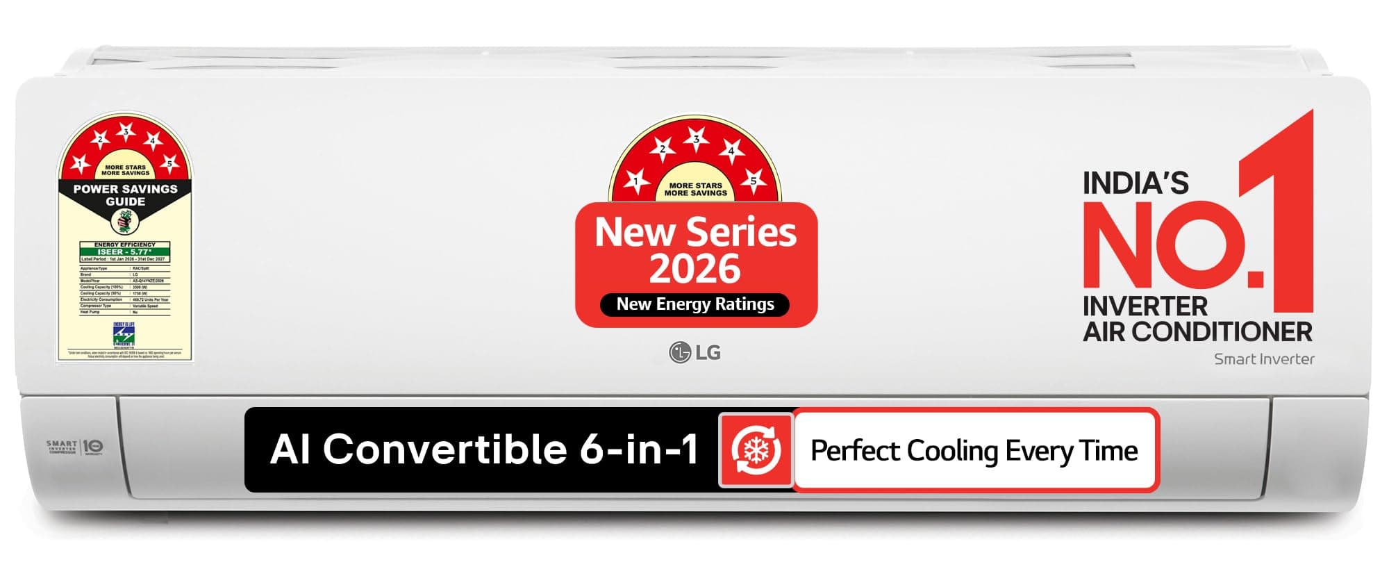 LG 1 Ton 5 Star, New star rated, Smart Inverter Split AC (Copper, AI Convertible 6-in-1 Cooling, Faster Cooling & Energy Saving, HD Filter with Anti-Virus Protection, Him Clean, AS-Q14YNZE, White)