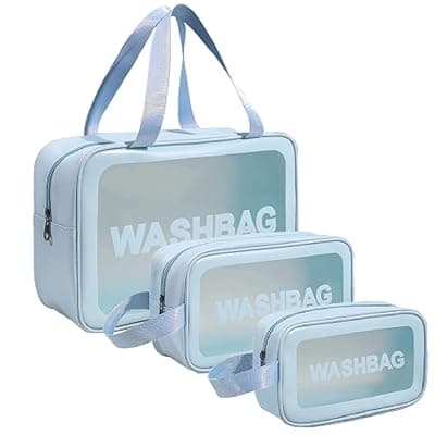 PVC Makeup Pouch Travel Toiletries Organizer Cosmetic Bags Portable Organizer Case Carry Pouch for Women Bathroom Set of 3 (Blue)