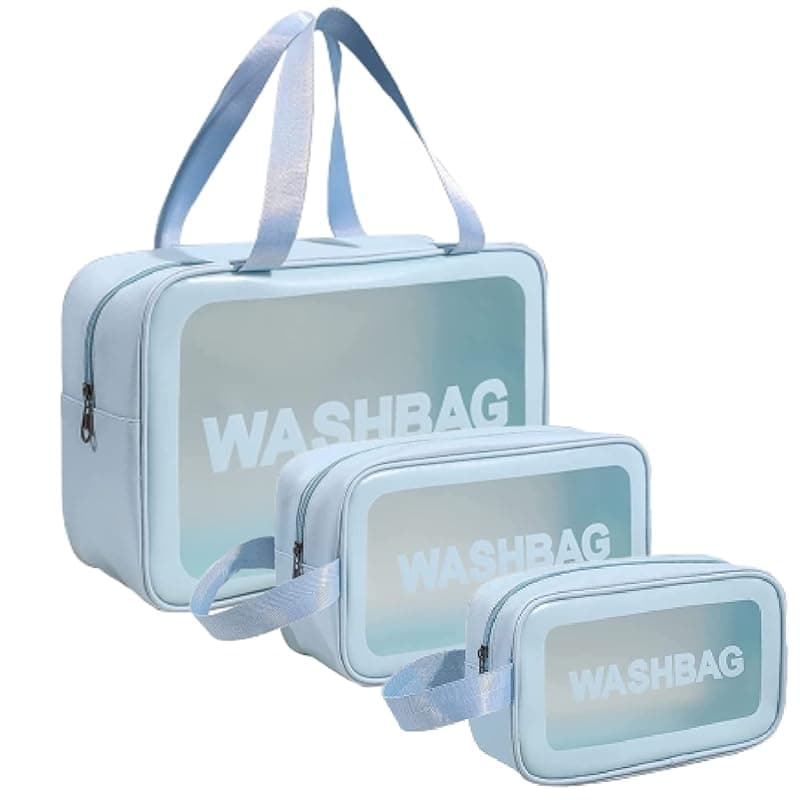 PVC Makeup Pouch Travel Toiletries Organizer Cosmetic Bags Portable Organizer Case Carry Pouch for Women Bathroom Set of 3 (Blue)
