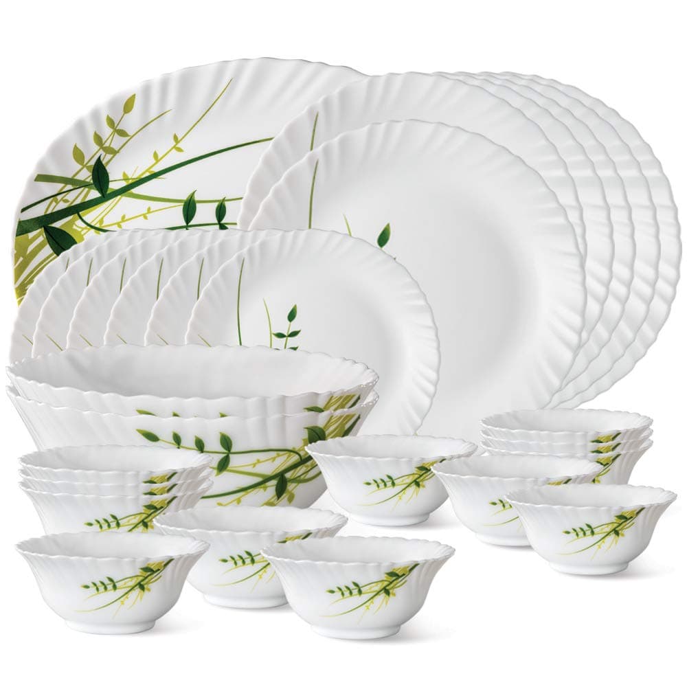 Larah by Borosil Fluted Series Green Herbs Opalware Dinner Set | 27 Piece for Family of 6 | Microwave & Dishwasher Safe | Bone-Ash Free | Crockery Set for Dining & Gifting | Plates & Bowls | White