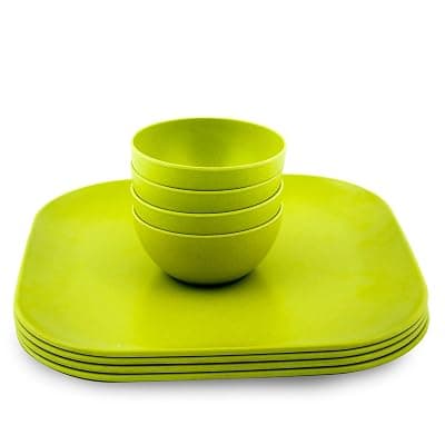 Decor EcoLite Bamboo Non Toxic Reusable Eco-Friendly Dinner Set for Couples - 4 Small Plates and 4 Bowls (Lime) - 8 Pieces