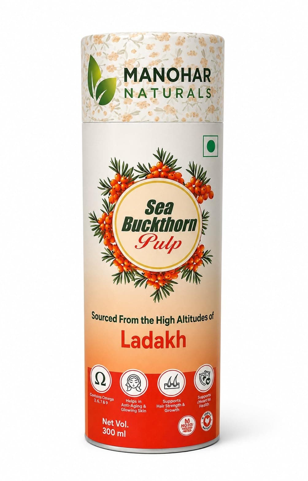 Manohar Naturals Sea Buckthorn Pulp 300ml | Sourced from High Altitudes of Ladakh | Rich in Omega 3, 6, 7 & 9 Helps to Immunity, Energy, Skin and Hair Health (300 ml)