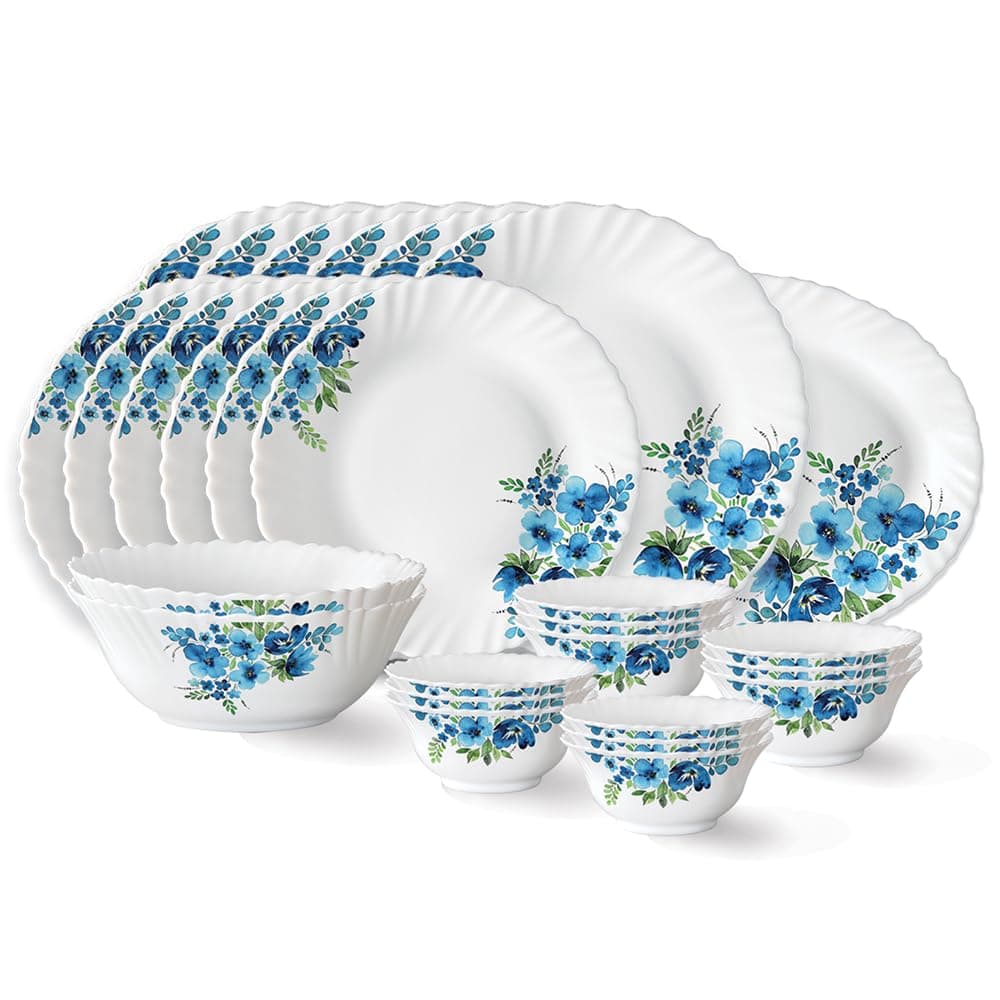 Larah by Borosil Pansy Fluted Series Opalware Dinner Set | 27 Pieces for Family of 6 | Microwave & Dishwasher Safe | Bone-Ash Free | Crockery Set for Dining & Gifting | Plates & Bowls | White