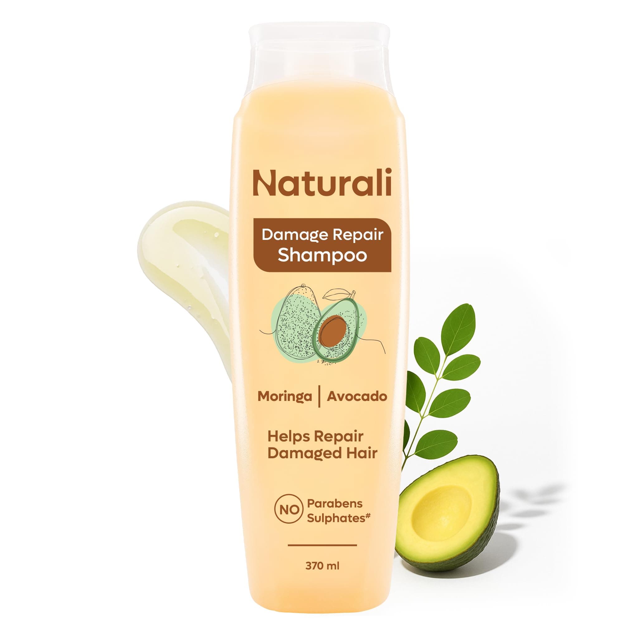 Naturali Damage Repair Shampoo | Improves Damaged Hair In Just 4 Uses | With Avocado & Moringa Oil | Sulphate Free | For Women | Shampoo for Frizzy and Dry Hair | Paraben Free | 370 ml