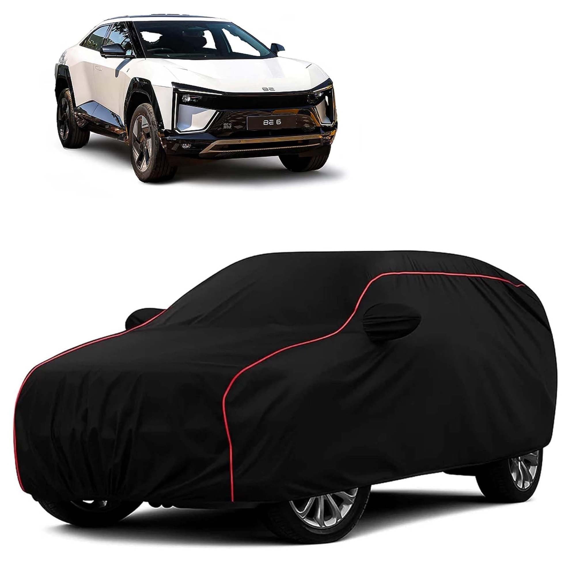Sulfar 100% Water Resistant Car Body Cover Compatible with Mirror for Mahindra BE 6 (Triple Stitched, Full Bottom Elastic, Black with Red Piping)