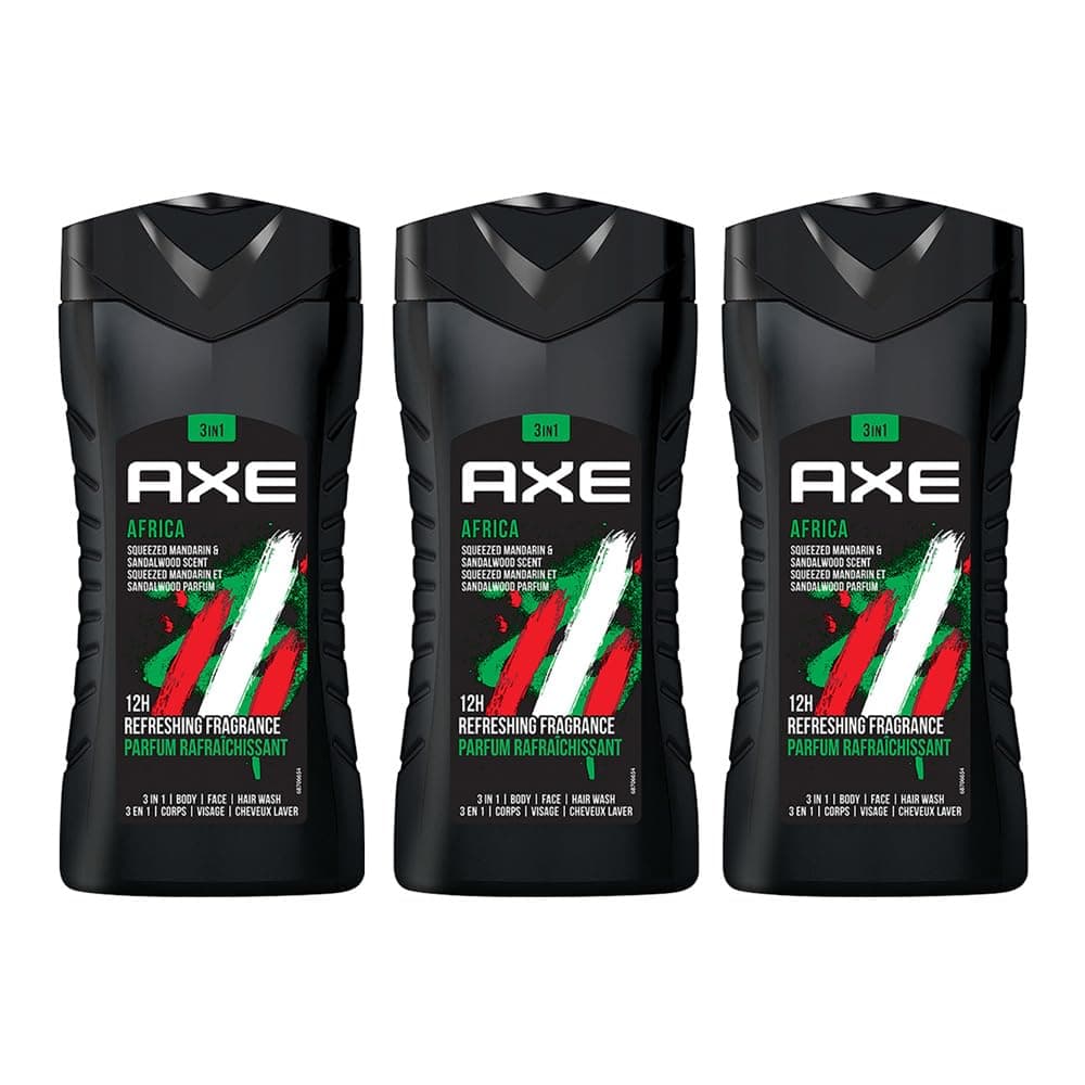 AXE Africa 3-in-1 Body, Face & Hair Wash | Vibrant Mandarin & Sandalwood Scent | 12H Refreshing Fragrance | Combo of 3| 250 ml Each