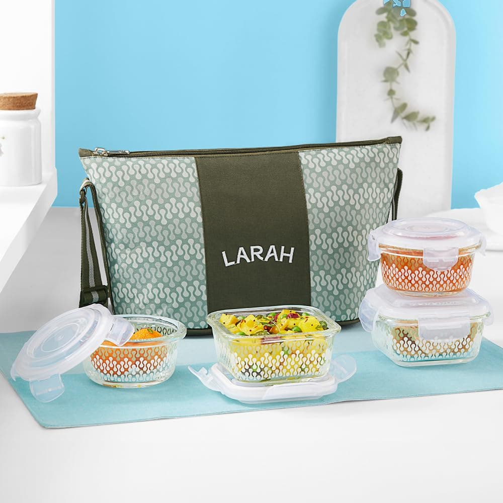 Larah Glassware Gracia Daisy Borosilicate Glass Lunchbox with Bag | Set of 4 (320ml x 2 Square + 240ml x 2 Round) | Microwave & Dishwasher Safe, Leakproof | Tiffin for Office, School | Green
