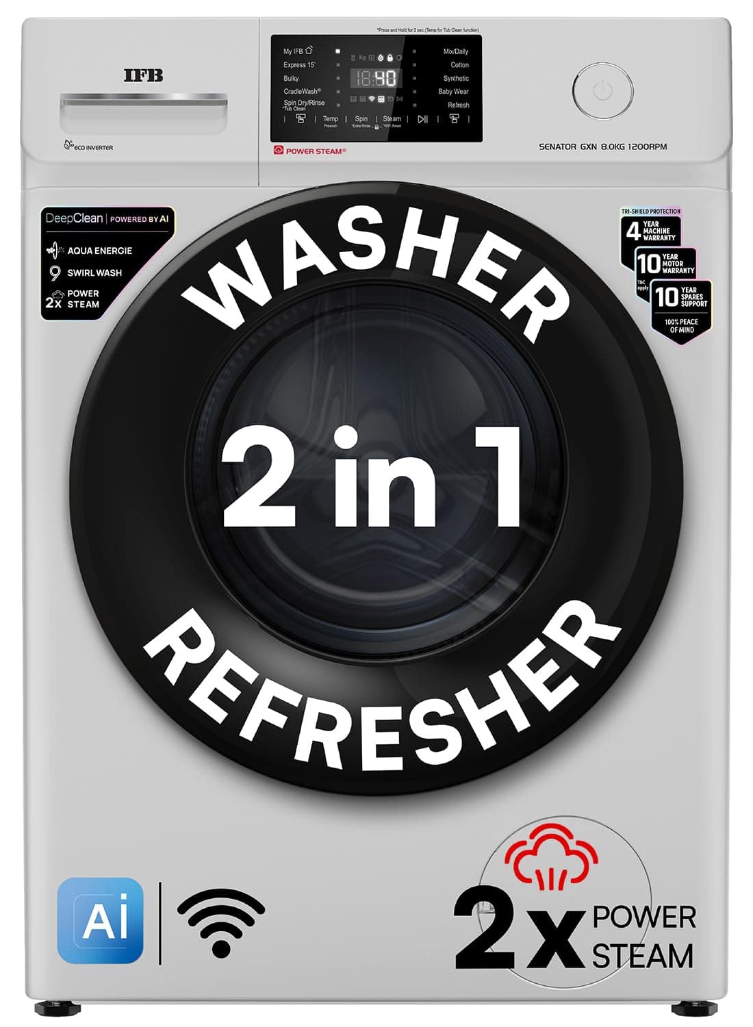 IFB 8 Kg 5 Star, DeepClean® Technology, AI Powered, WiFi, Fully Automatic Front Load Washing Machine (SENATOR GXN 8012 CMS, PowerSteam®, 9 Swirl, Steam Refresh, Inbuilt Heater, Eco Inverter, Grey)