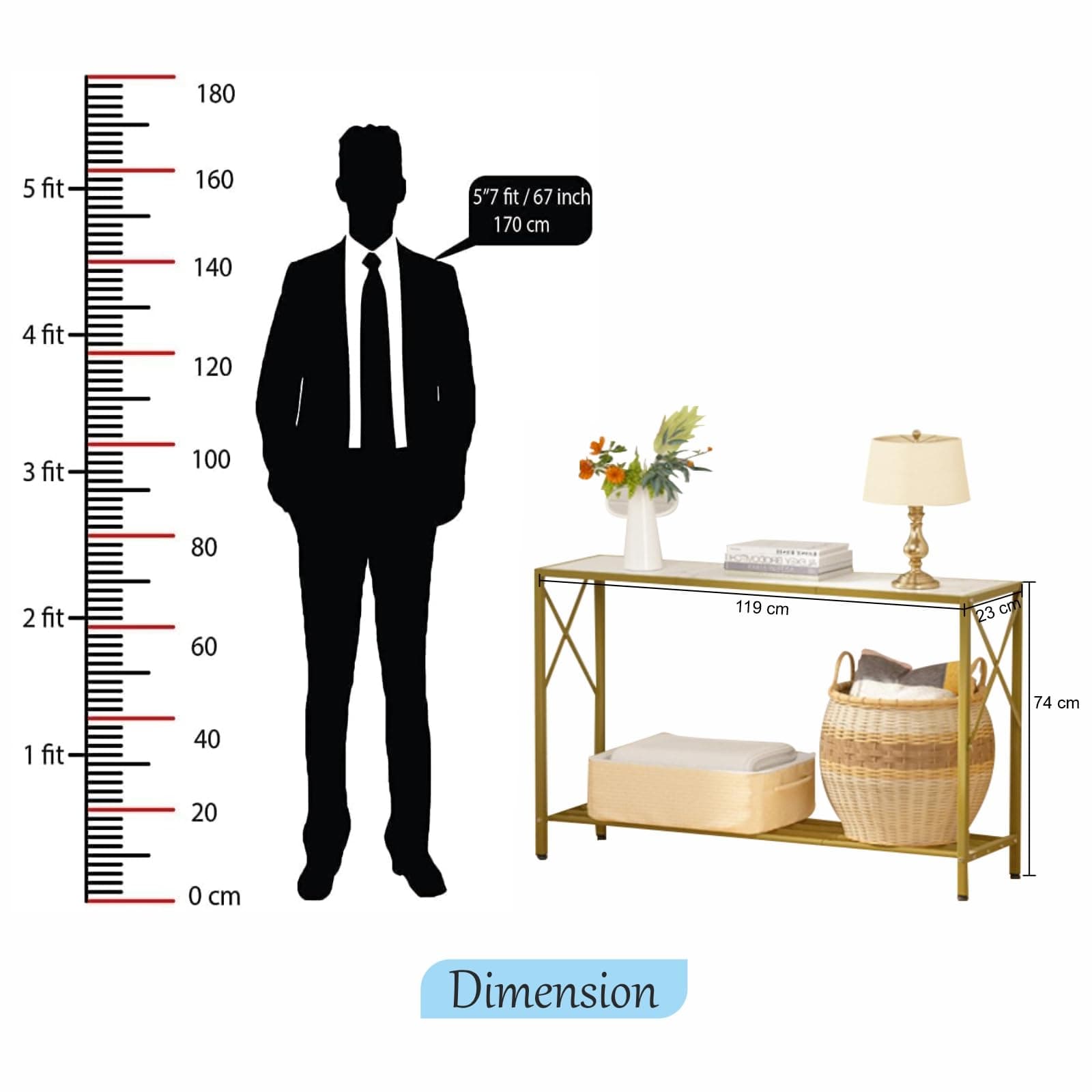 Home Sparkle Engineered Wood 2 Tier Console Table | End Table Side Table Console Table for Living Room Hall Bedroom Office | Multipurpose Table for Home Decor (Color: White Plank with Golden Frame)