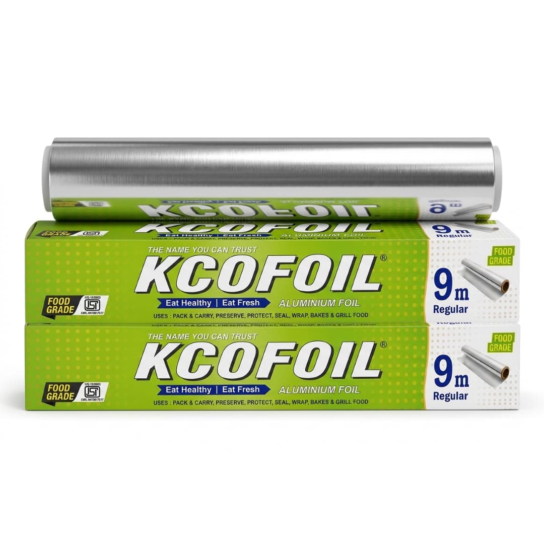 KCOFOIL Aluminium Foil Roll - 9 Meter (Pack of 2) | 11 Micron Thickness Food-Grade Silver Foil Paper for Lunch & Tiffin | Multipurpose Kitchen Wrap for Cooking, Baking, Grilling & Food Storage