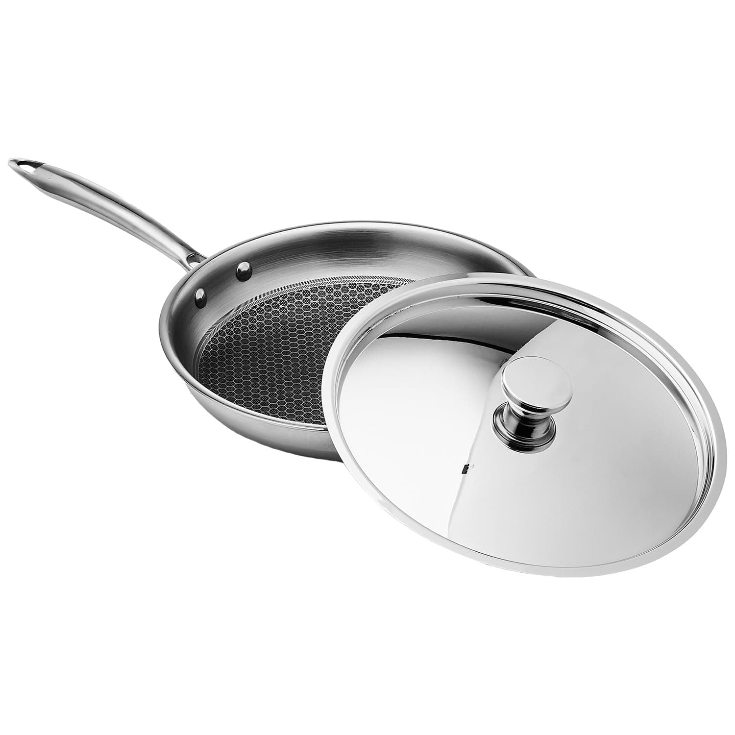 Amazon Basics Non-Stick Honeycomb Triply Stainless Steel Frying Pan with Steel Lid, 24 cm - 1.7L, Fast & Even Heating, Induction & Gas Compatible
