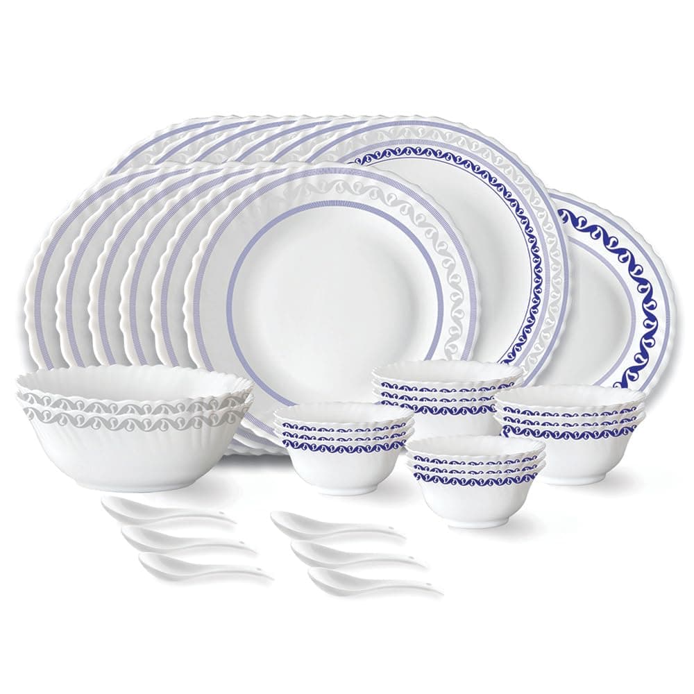 Larah by Borosil Jazzblue Fluted Series Opalware Dinner Set | 33 Pieces for Family of 6 | Microwave & Dishwasher Safe | Bone-Ash Free | Crockery Set for Dining & Gifting | Plates & Bowls | White