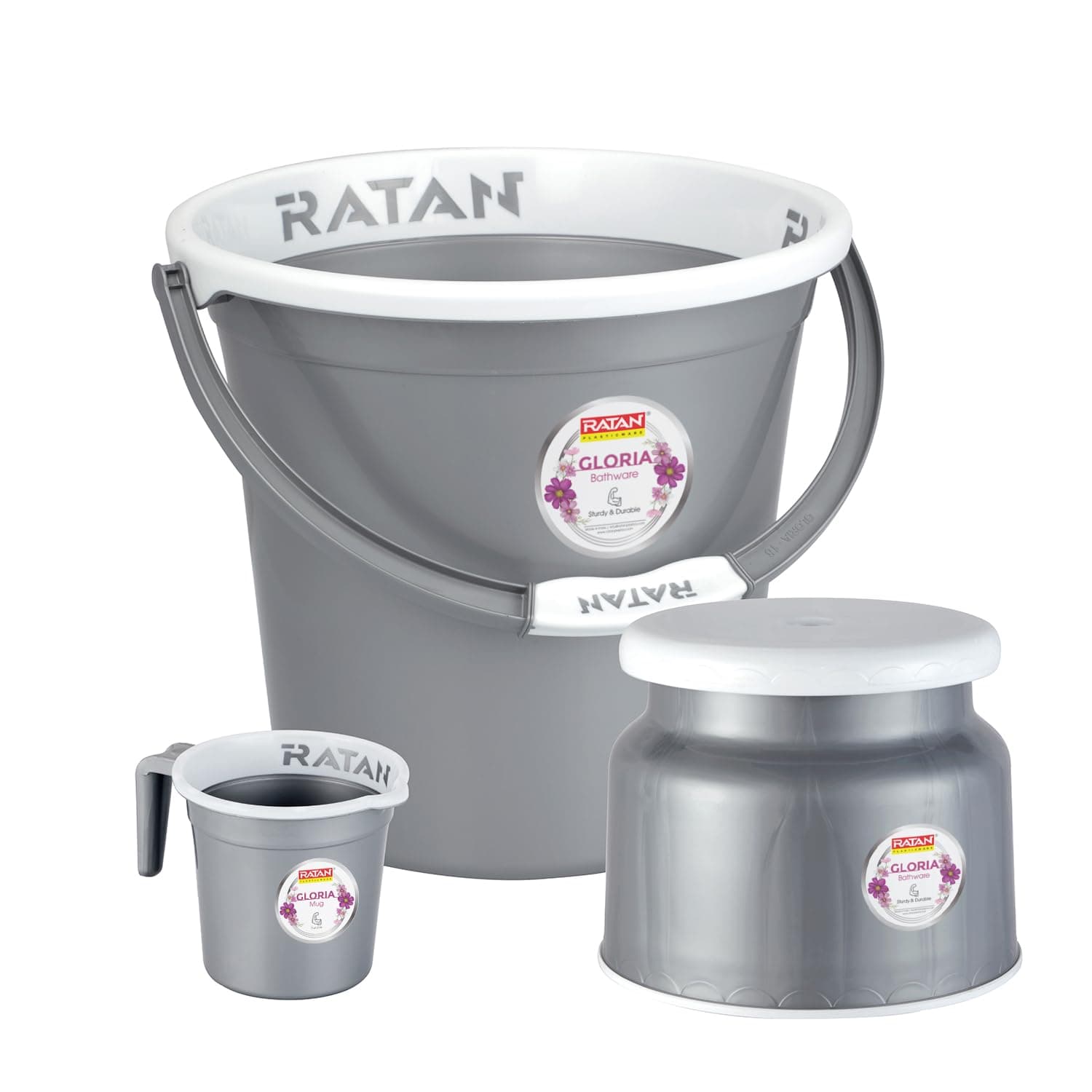 RATAN PLASTICWARE Plastic Bathroom Set of 3 Pieces Combo Pack Gloria Plain,18 Liters Bucket + Nova Stool Patla 107 + Gloria Plain Bath Mug 1 Liter - NIR Silver