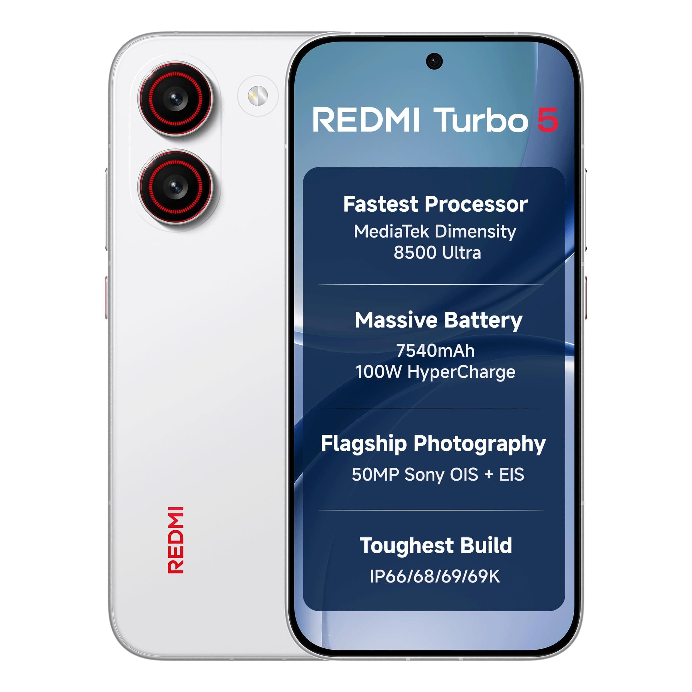 REDMI Turbo 5 (8GB + 256GB) Turbo White | MediaTek Dimensity 8500 Ultra | Mega 7540mAh Battery | 100W HyperCharge | Compact 16.75cm(6.9) 120Hz Display | 50MP Sony OIS Camera | Upto 60% Assured Buyback
