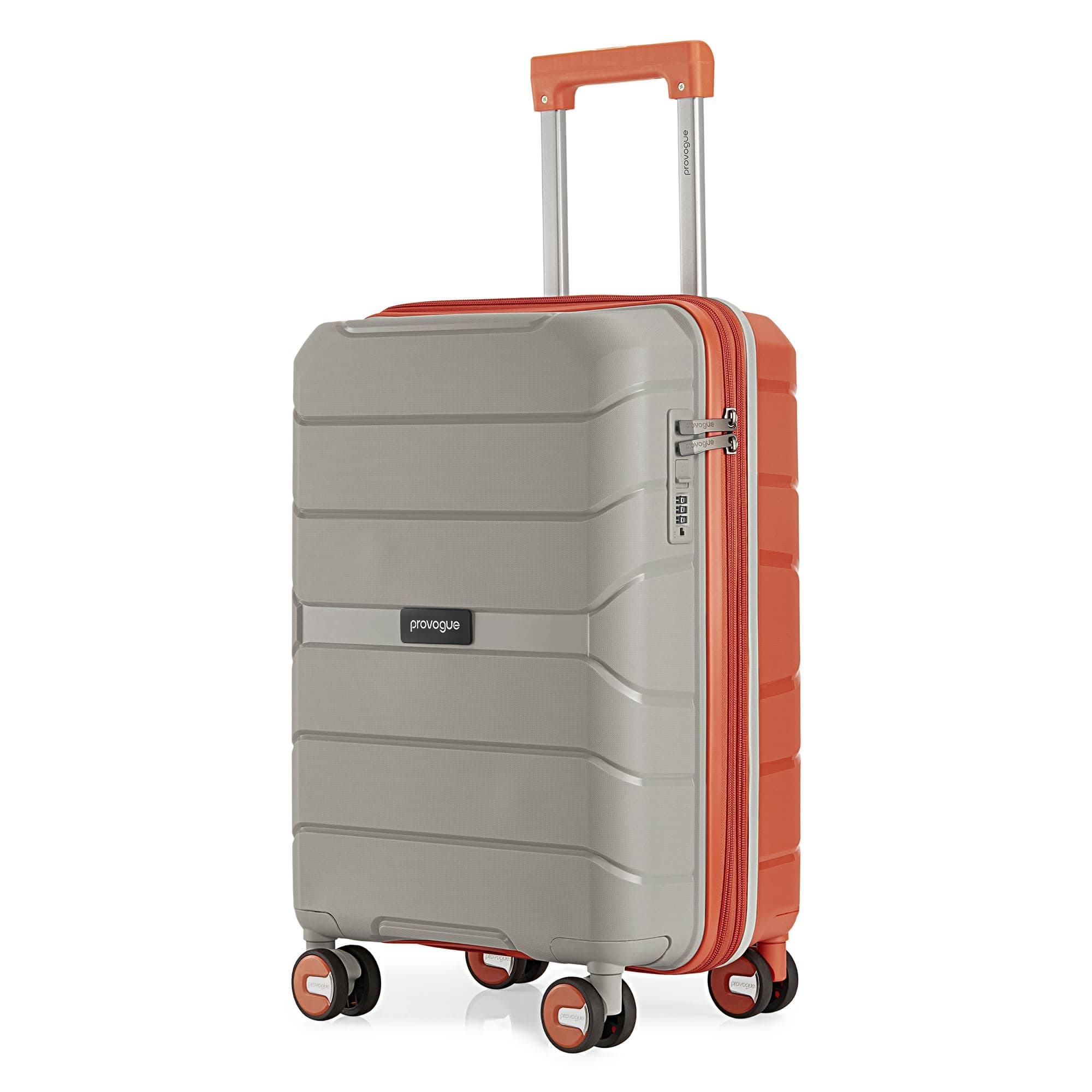 Provogue Cascade Hard-Sided PP 55 Cm Suitcase/Cabin Trolley Bag Small| Expandable Space with 8 Wheels Trolley Bags for Travel |Combination Lock|5 Year Warranty (Timberwolf Grey/Burnt Orange)