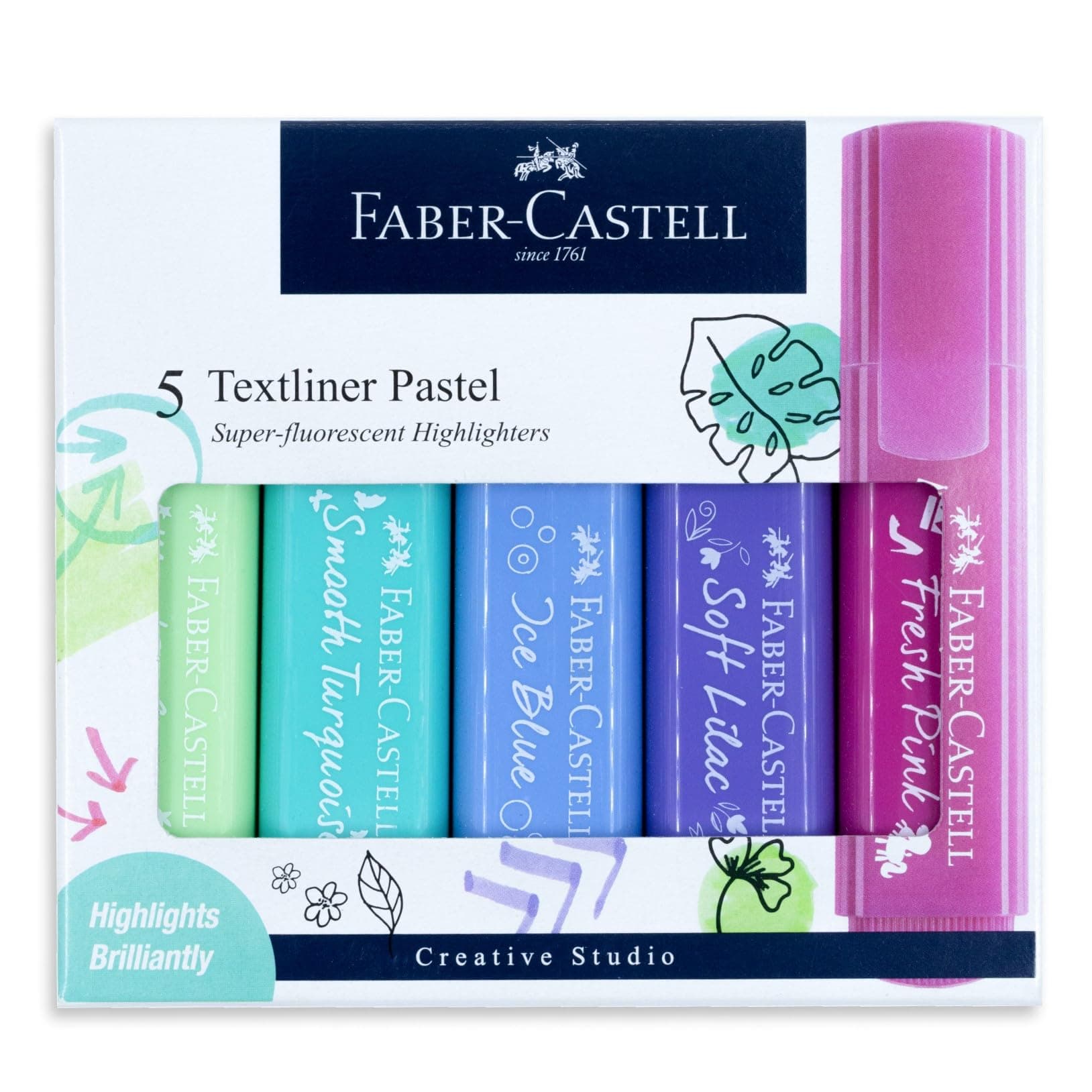 Faber-Castell Pastel Textliner Pen Set – Pack of 5 Assorted Colours | Highlighter Markers for Study, Journaling & Doodling | Stationery Essential for Students