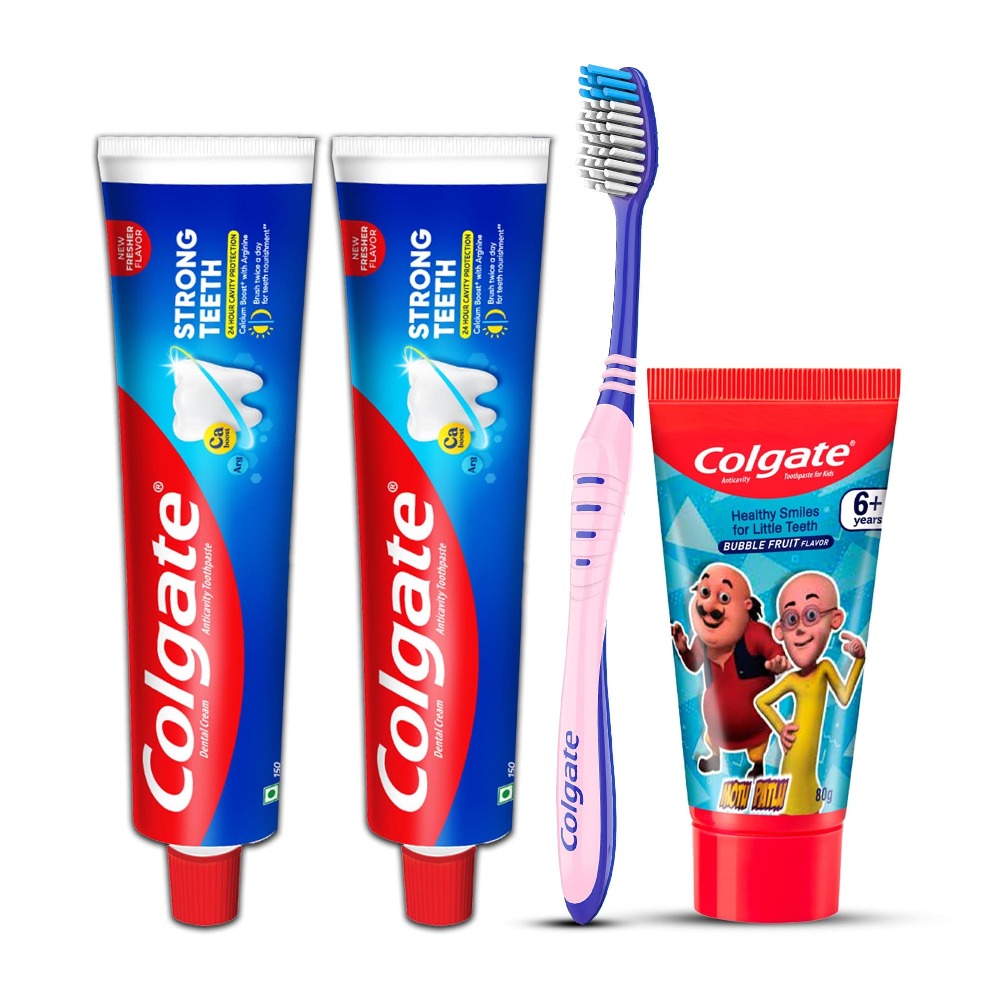 Colgate Strong Teeth Toothpaste, 300g, Bubblefruit Toothpaste for Kids (6+ years) 80g and Toothbrush (Combo Family Pack Offer)