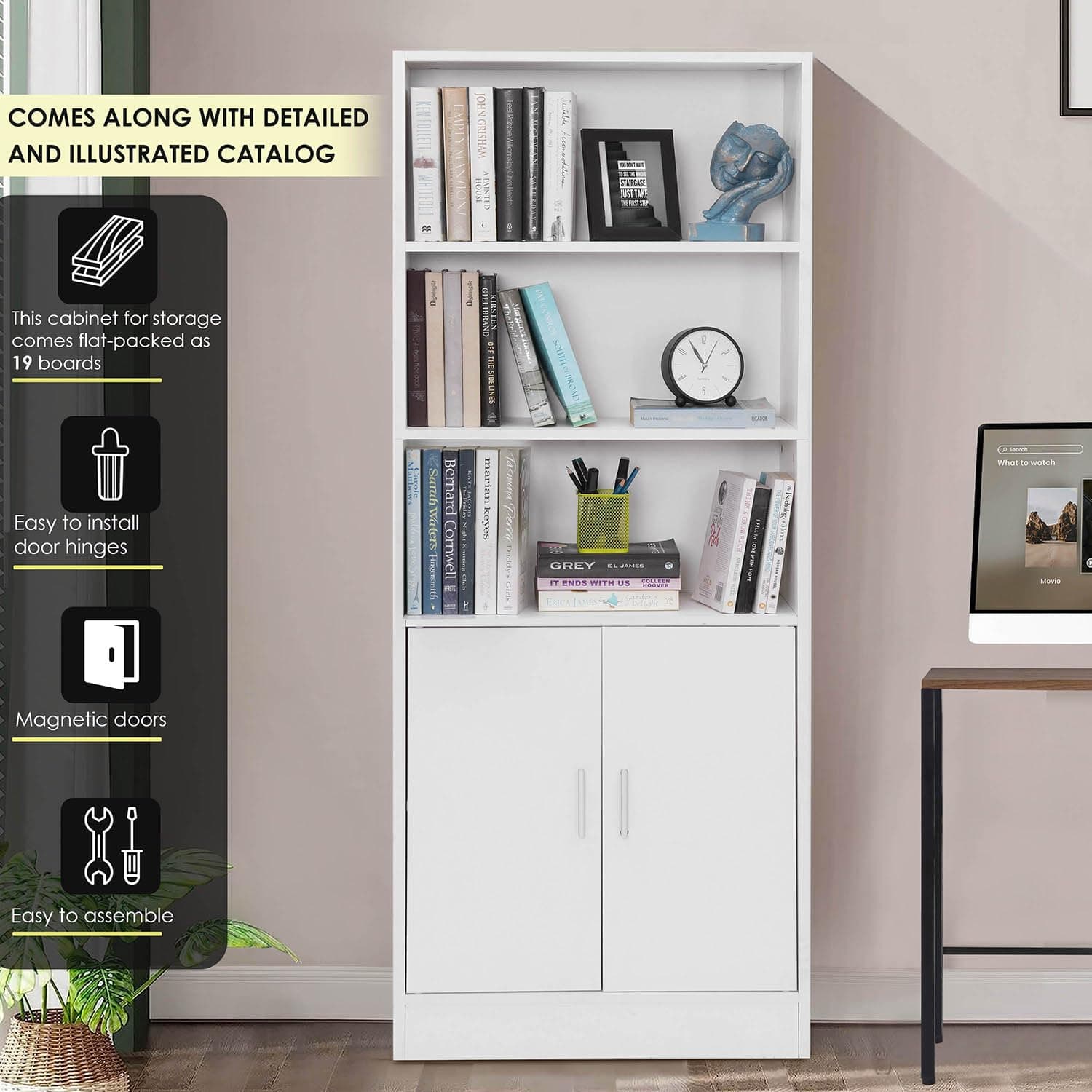About Space 5 ft Kitchen Cabinet - 5 Tier Wooden Storage Cabinet with 3 Open Shelves & 2 Magnetic Door Crockery Cabinets, Easy to Assemble for Home Living Room (White - L 57 x B 25 x H 158 cm)
