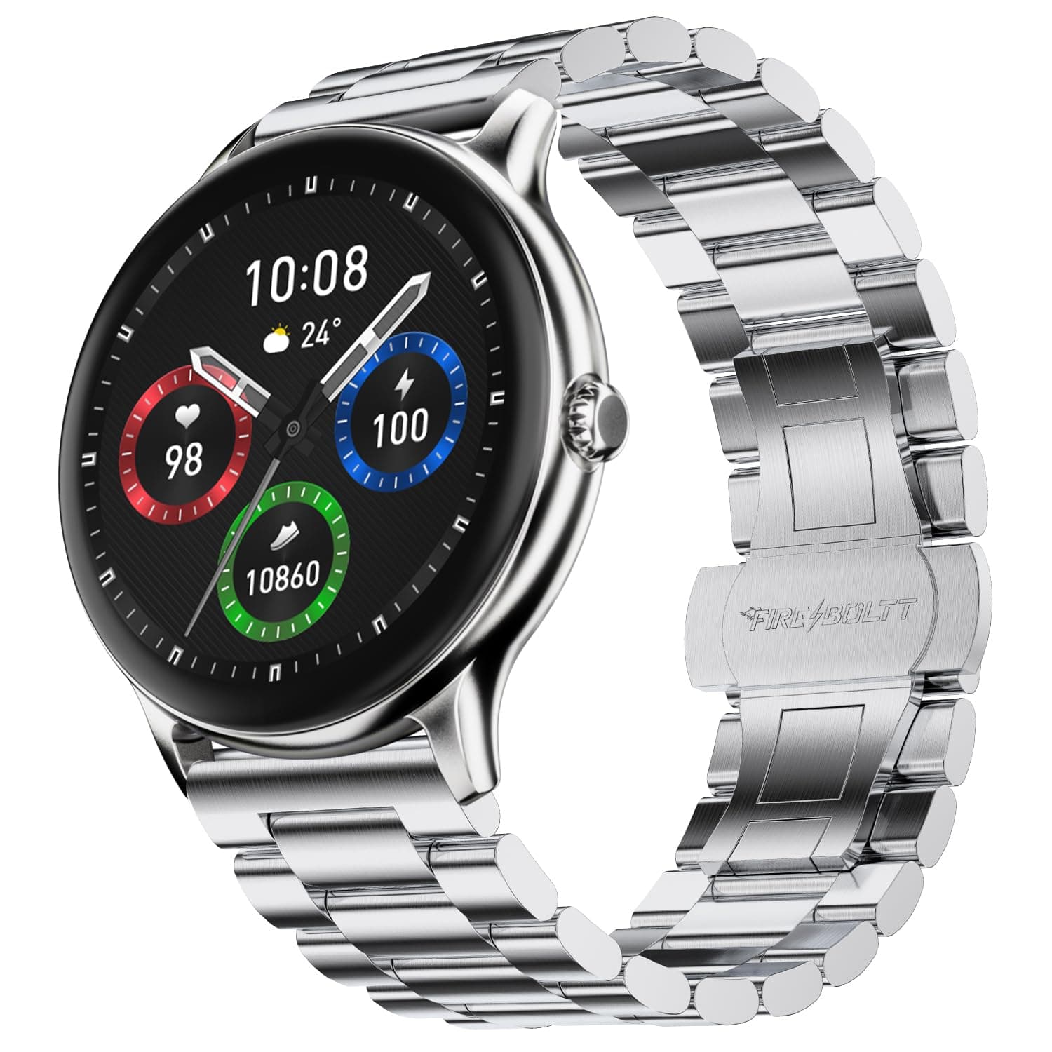 Fire‑Boltt Phoenix Pro Round Smart Watch 1.39″ Display with Bluetooth Calling,AI Voice Assistant,SpO2 & Heart Rate Monitor, 120+ Sports Modes,IP67 Waterproof Metal Smart Watch for Men & Women - Silver