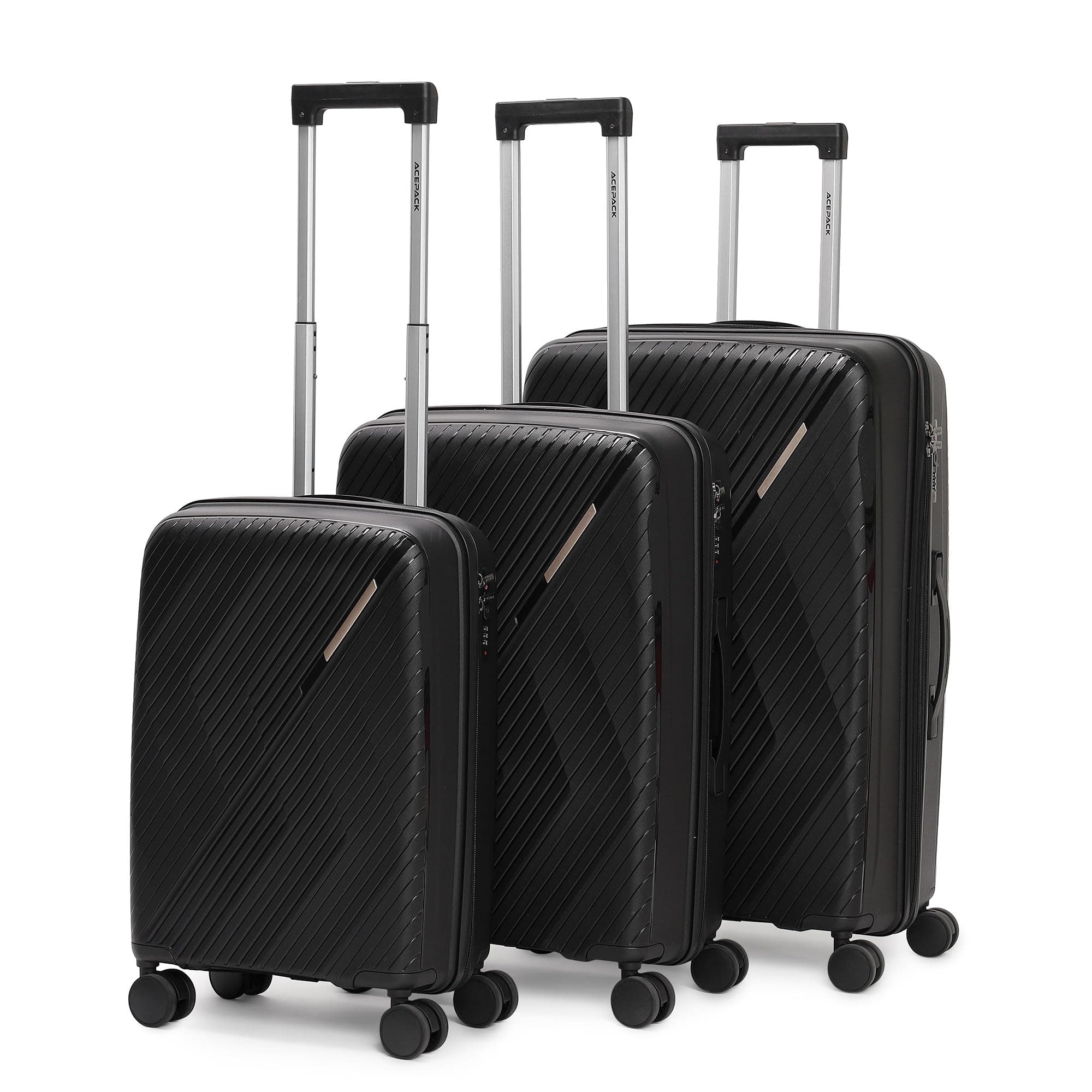 VLITE Ted Set of 3 (S+M+L) Lightweight Polypropylene Suitcase | Anti-Theft Double Zipper | Built-in Number Lock | Spacious & Durable Luggage | 3-Year Warranty (Black)