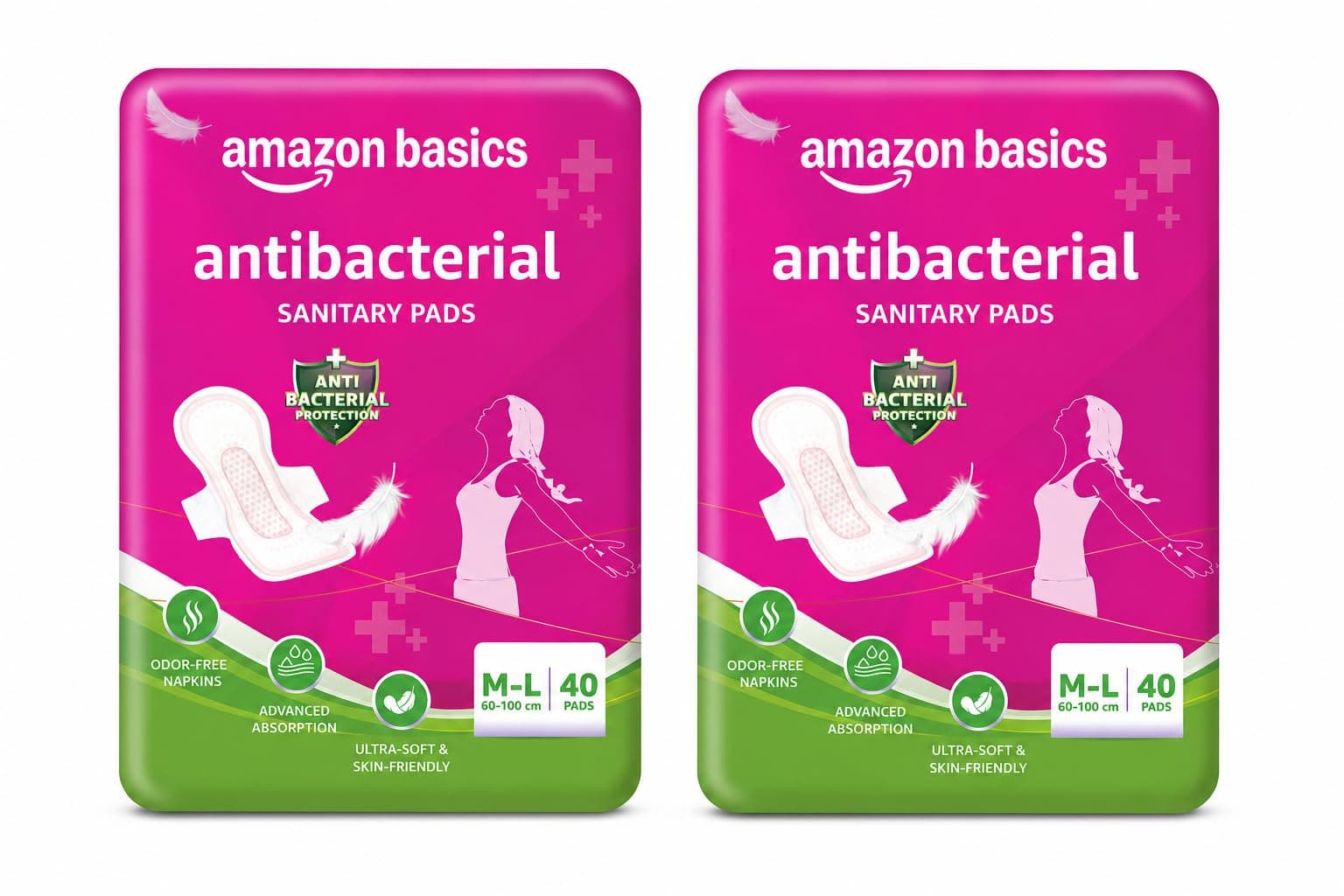 Amazon Basics Anti-Bacterial Sanitary Pads for Women | 280 mm Extra Coverage | Ultra-Absorbent Core | Soft & Comfortable Surface | Wings for Secure Fit | Medium to Heavy Flow Protection| 80 Count (40 X Pack of 2)