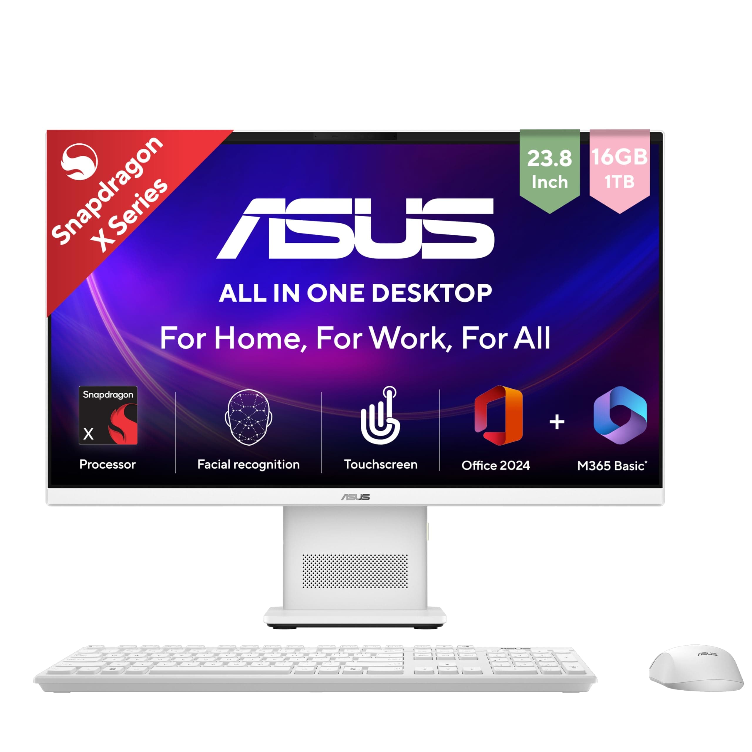 ASUS AiO VM441 (2026),Snapdragon X,Qualcomm Adreno iGPU,16GB RAM,1TB SSD,FHD,Touch screen, 23.8"(60.45 cm),Windows 11, M365 Basic(1Y),Office 2024,White,5.47 kg,VM441QA-TWAP002WS,All in One Copilot+ PC