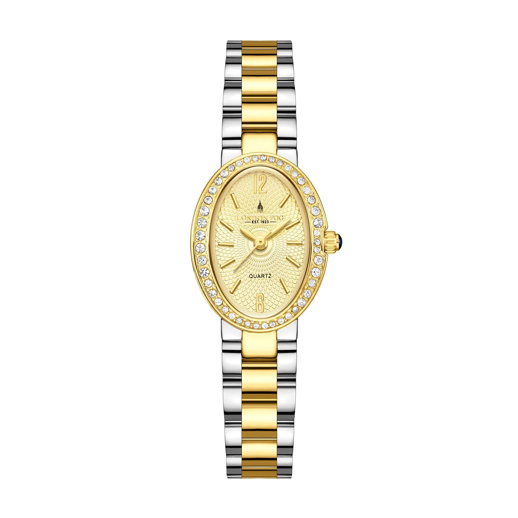 London Fog Queenhithe Collection Watch for Women with Oval Textured Dial, Crystal Studded Bezel, Blue Crown Accent, Quartz Movement and Stainless Steel Strap - LFW20003