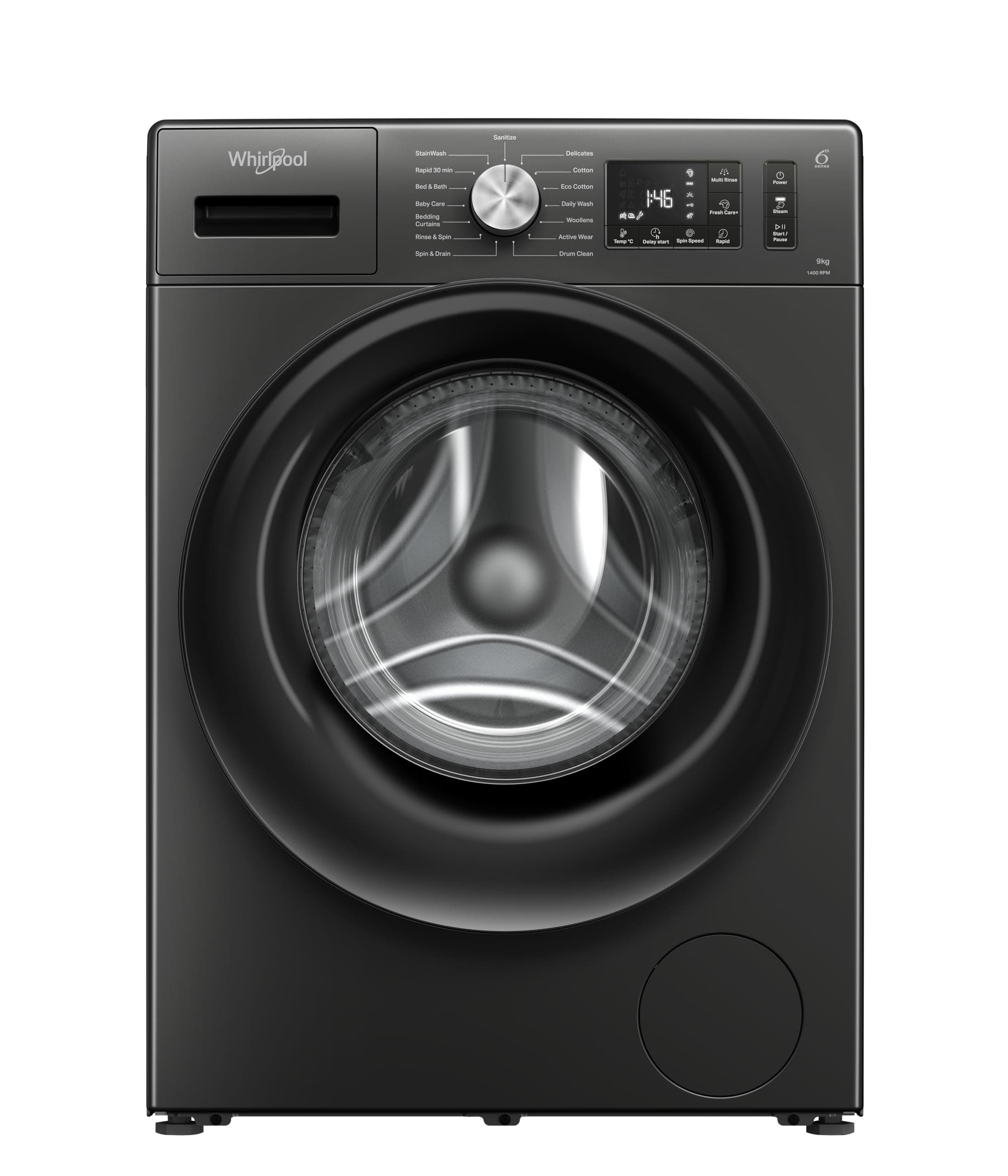 Whirlpool 9 Kg Steam Wash Technology 5 Star Inverter Front Load Fully Automatic Washing Machine with In-Built Heater (SUPREME CARE 9014-E, Midnight Grey, 100+ Tough Stains, 1400 RPM)
