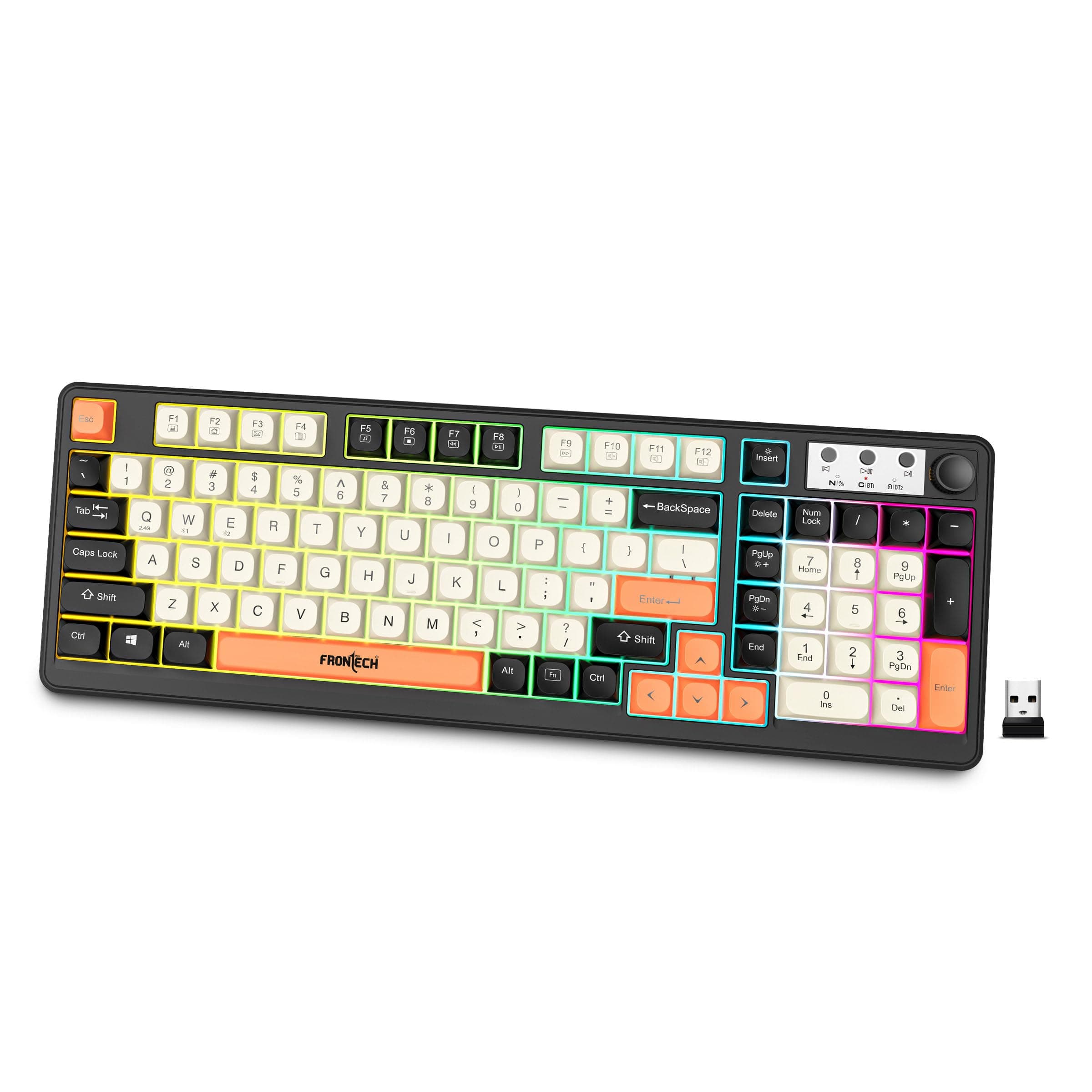 FRONTECH Wireless Gaming Keyboard | 98 Keys Layout | 19 Anti-Ghosting Keys | Dual Wireless 2.4GHz & Bluetooth 5.1 | Rainbow Backlight | 2000mAh Battery | Type-C Charging | 1 Year Warranty (KB-0026P)