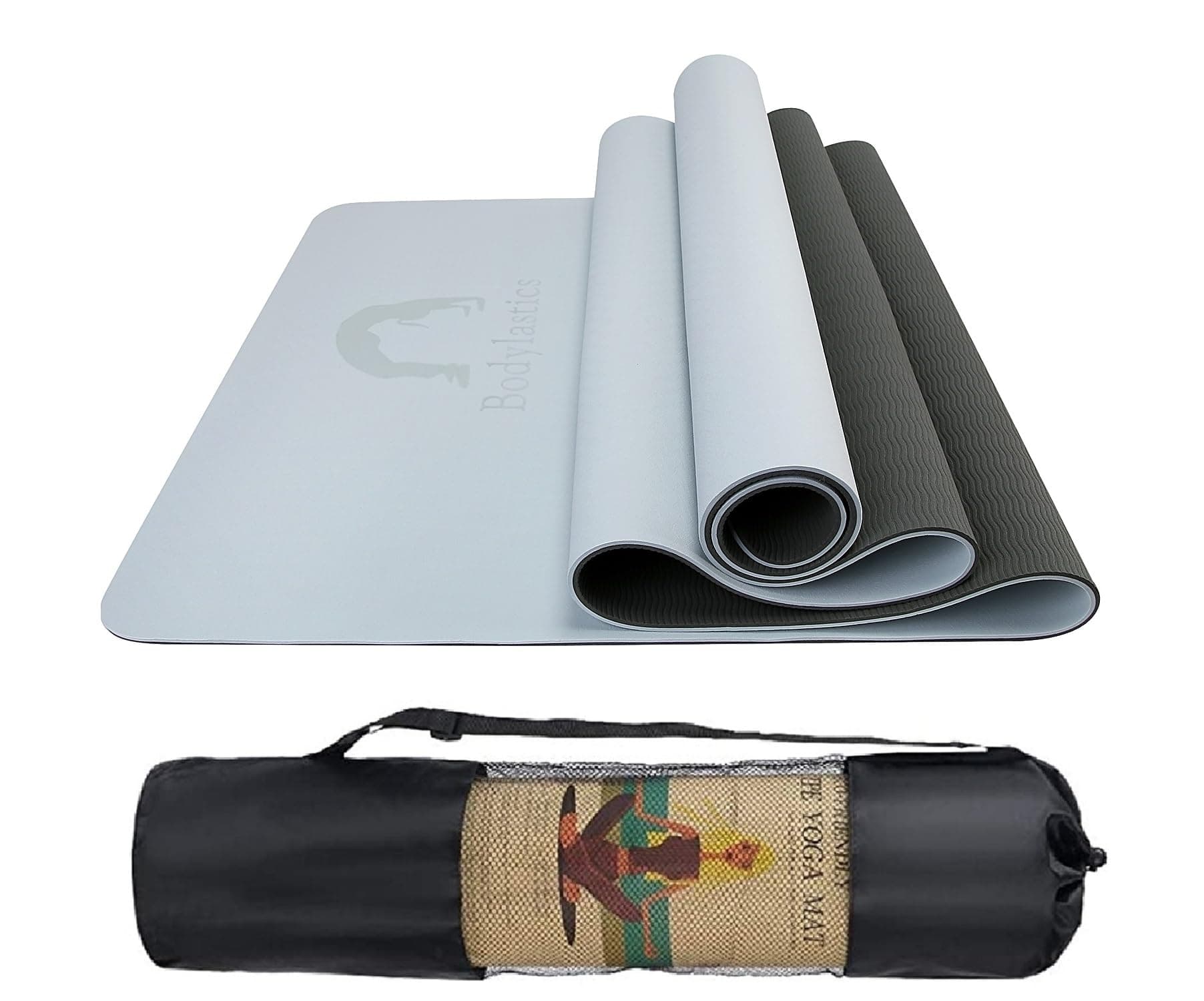 Bodylastics Yoga Mat for Men and Women with Carry Bag TPE 6ft x 2ft x 6mm Large Size Anti Slip & Anti Tear Workout Mat