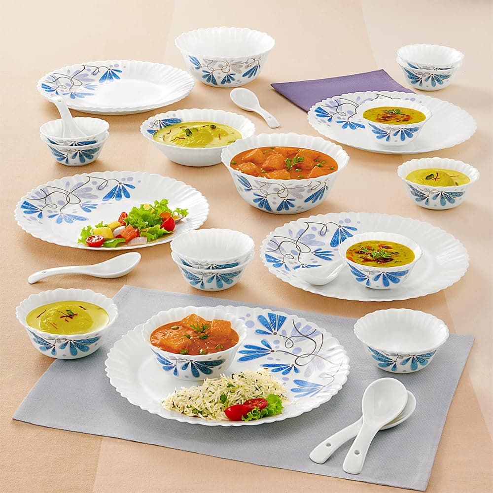 Larah by Borosil Twilight Silk Series Opalware Dinner Set | 27 Pieces for Family of 6 | Microwave & Dishwasher Safe | Bone-Ash Free | Crockery Set for Dining & Gifting | Plates & Bowls | White