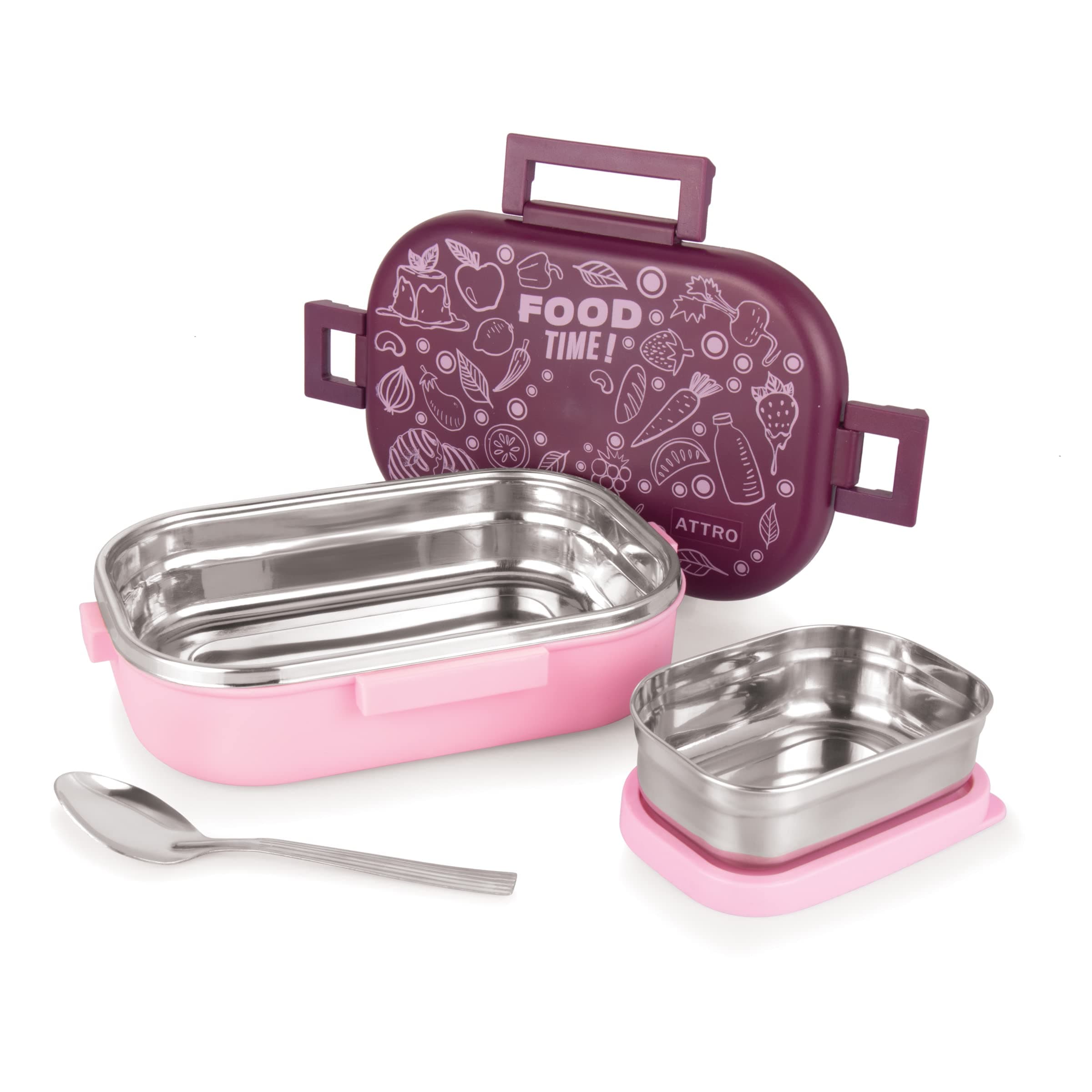 Attro Food Time Stainless Steel Lunch Box, Airtight & Leak Proof - 2 Containers with Spoon (Big 750 Ml & Small 250 Ml) for Office Use, School, Picnic - Purple & Pink