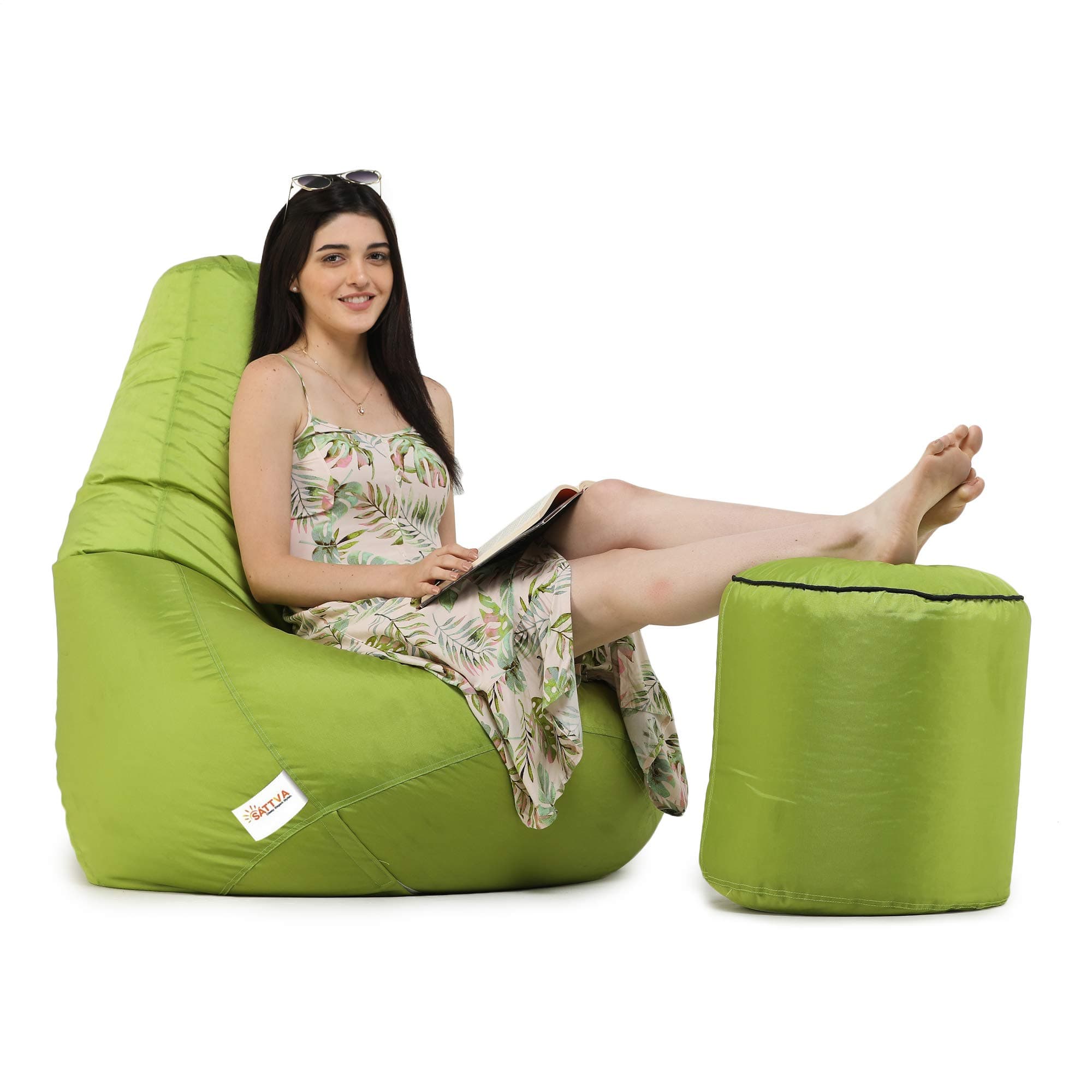 SATTVA All Weather/Outdoor Combo Classic Bean Bag Cover with Round Footstool Cover (Without Beans) Green Colour, Size- XXL