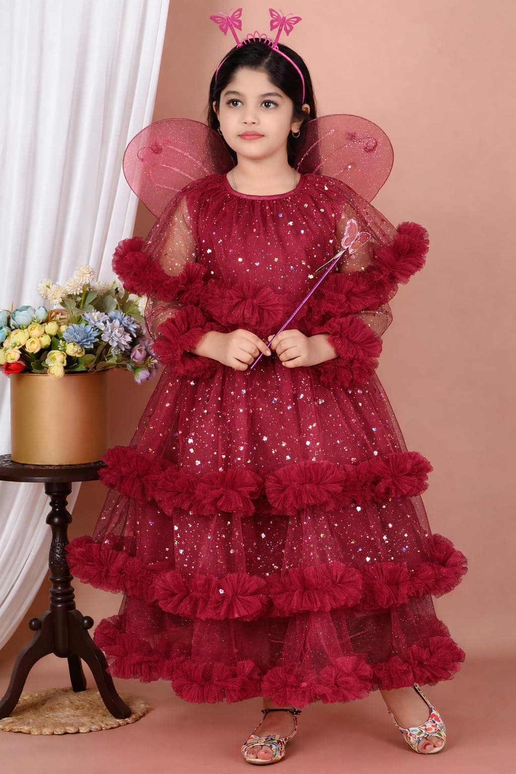 Girls Glitter Tulle Tiered Gown with Butterfly Wings, Ruffle Detail, Fairy Costume Dress