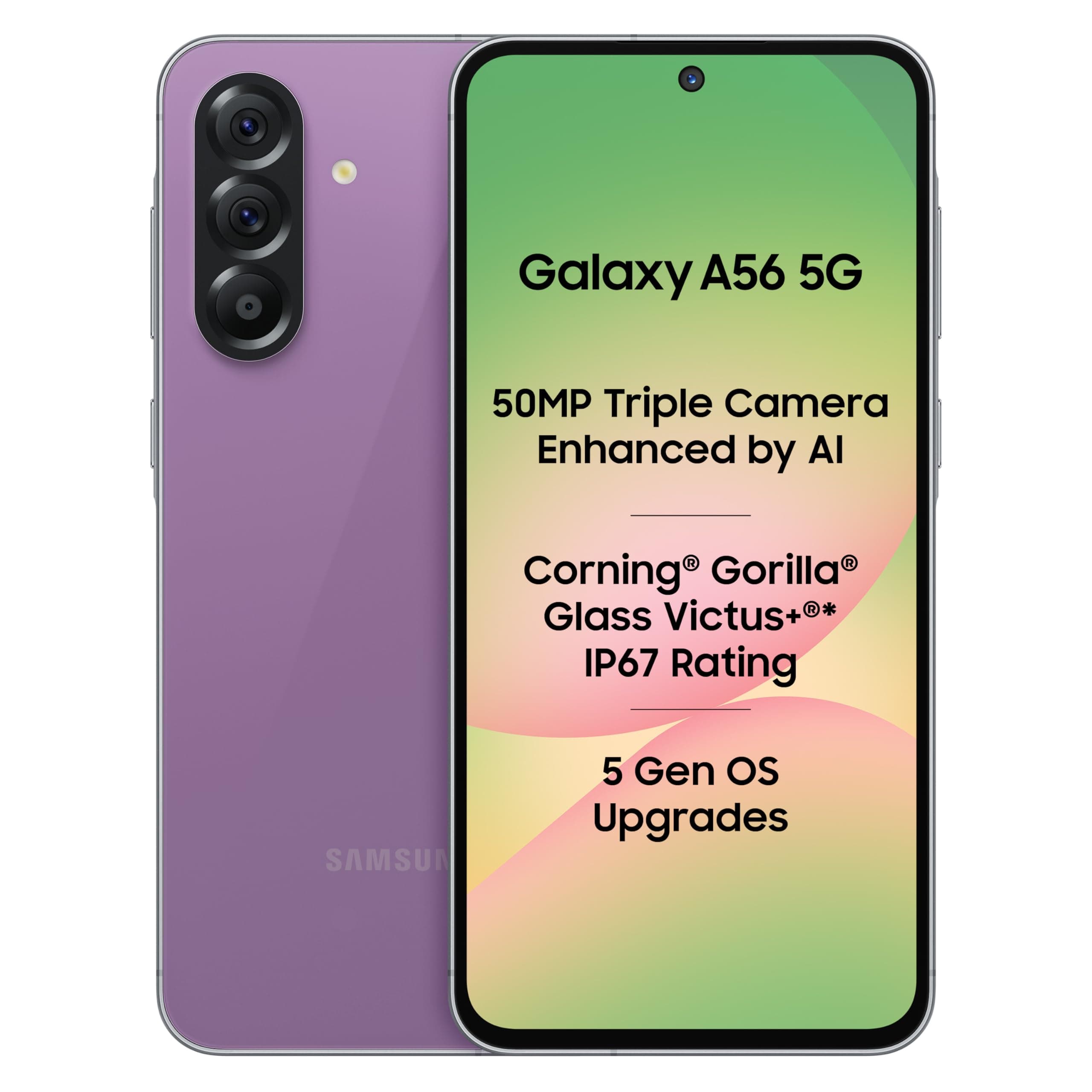 Samsung Galaxy A56 5G (Awesome Violet Glow, 8GB, 256GB) | Metal Frame | Gemini Live | Awesome Intelligence (AI): Circle to Search, Instant Slo-Mo, Auto-Trim, Object Eraser | Flagship Grade Camera