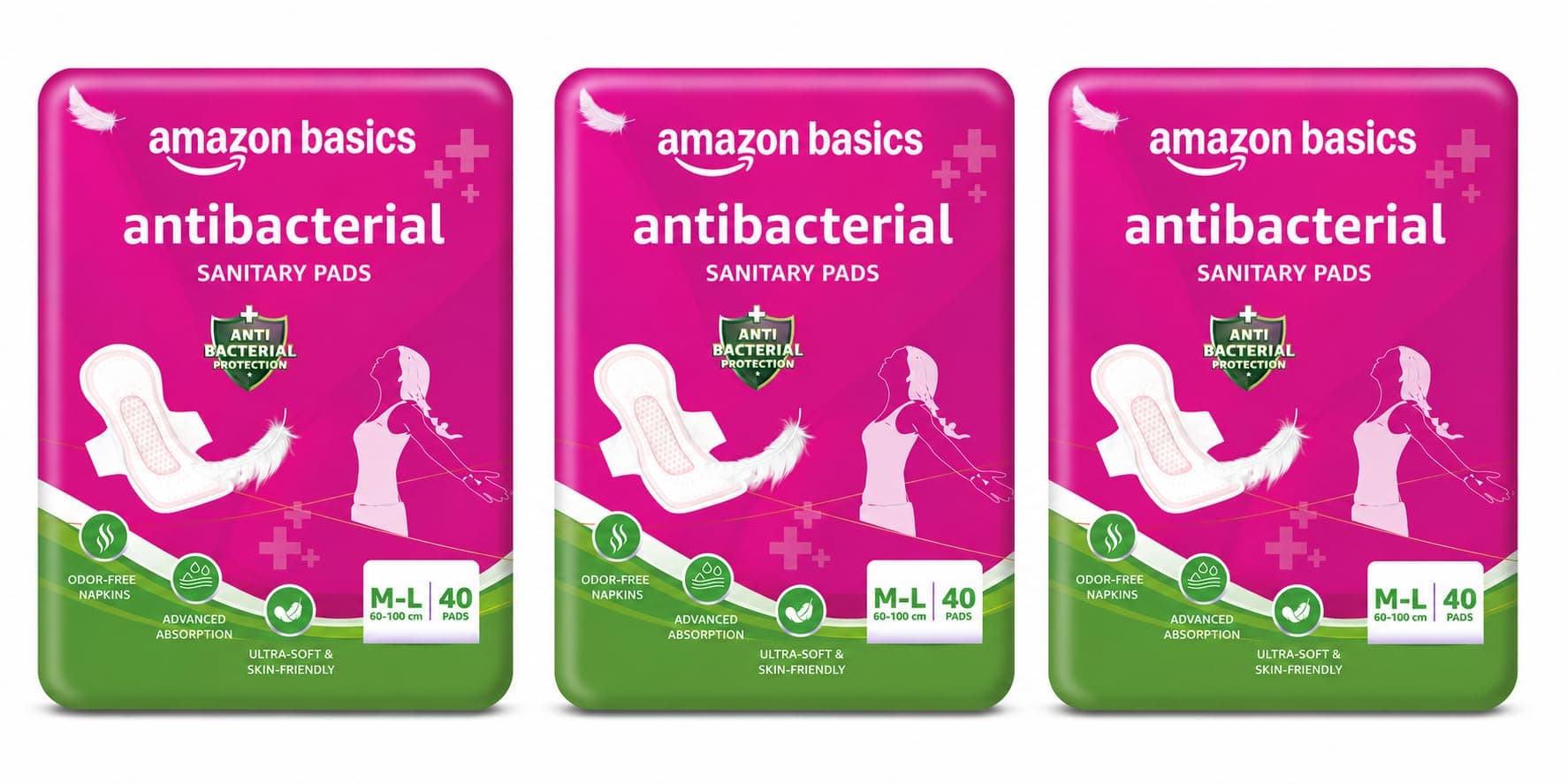 Amazon Basics Anti-Bacterial Sanitary Pads for Women | 280 mm Extra Coverage | Ultra-Absorbent Core | Soft & Comfortable Surface | Wings for Secure Fit | Medium to Heavy Flow Protection| 120 Count (40 X Pack of 3)