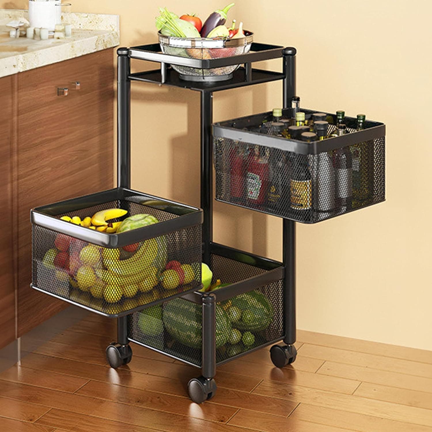 Homeor Multi-Purpose Mesh Rotating Trolley Storage Organizer & Kitchen Accessories Items for Kitchen Storage Rack Design for Fruits & Vegetable, 3 Layer, Black, Square - Metal