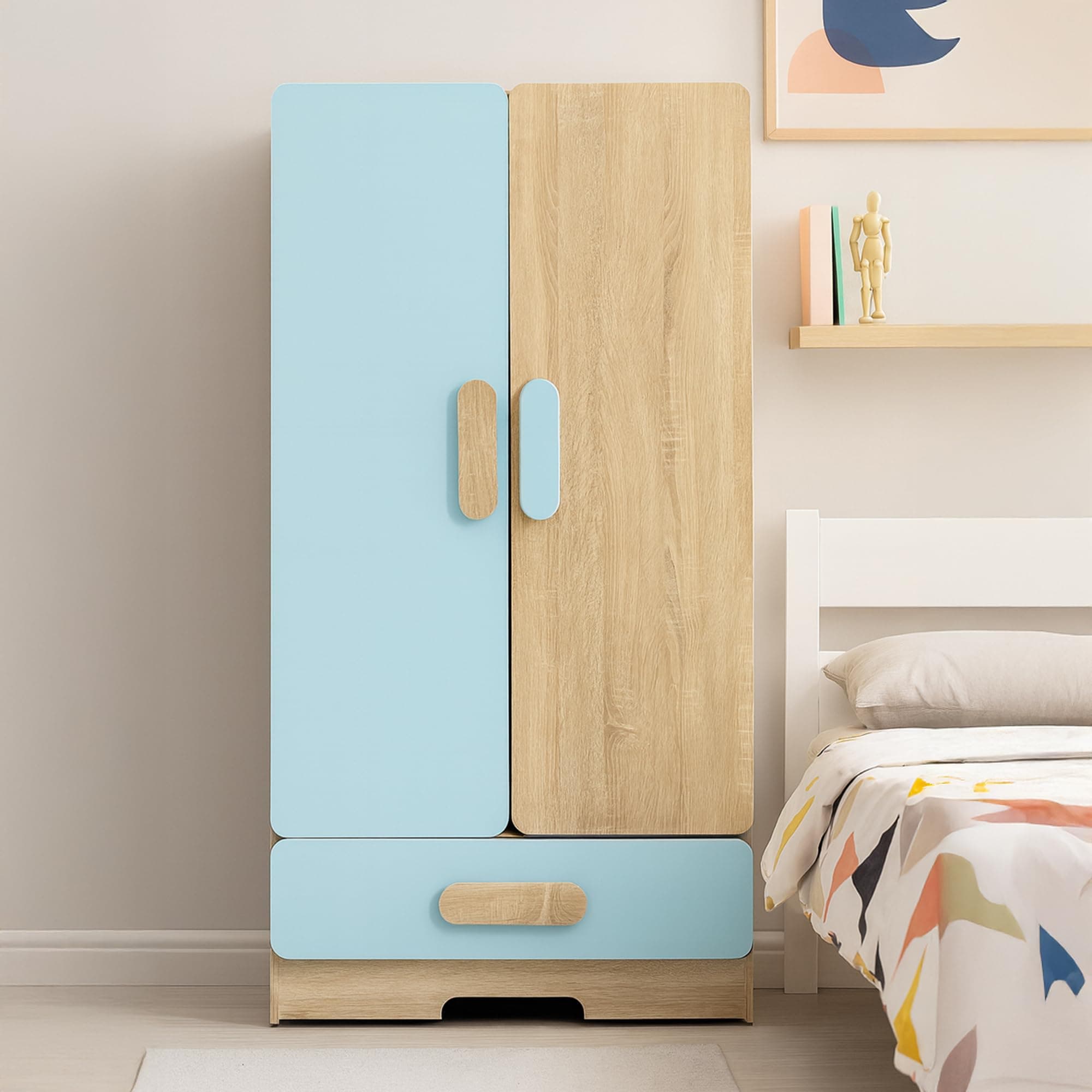 Alex Daisy Romania Kids 2 Door Wardrobe for 3-12 Years| Non-Toxic Safe Material | Soft Coated Premium Finish | Engineered Wood Kids Bedroom Storage Cupboard (Blue, Large)