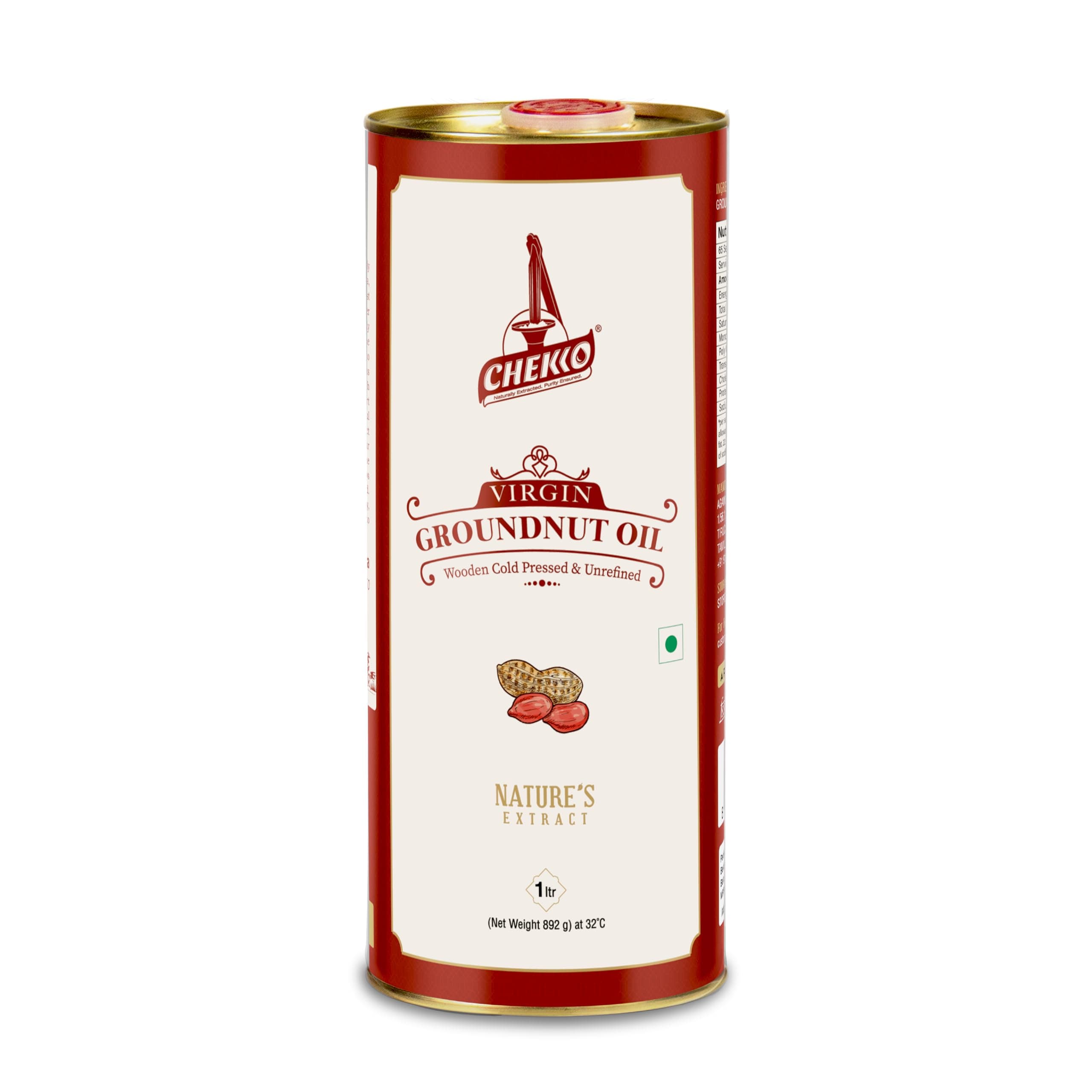 Chekko Cold Pressed Groundnut / Peanut Oil ( Virgin, Kachi Ghani, Chekku ) | 100% Natural, Pure & Wood Pressed (1L) for Cooking