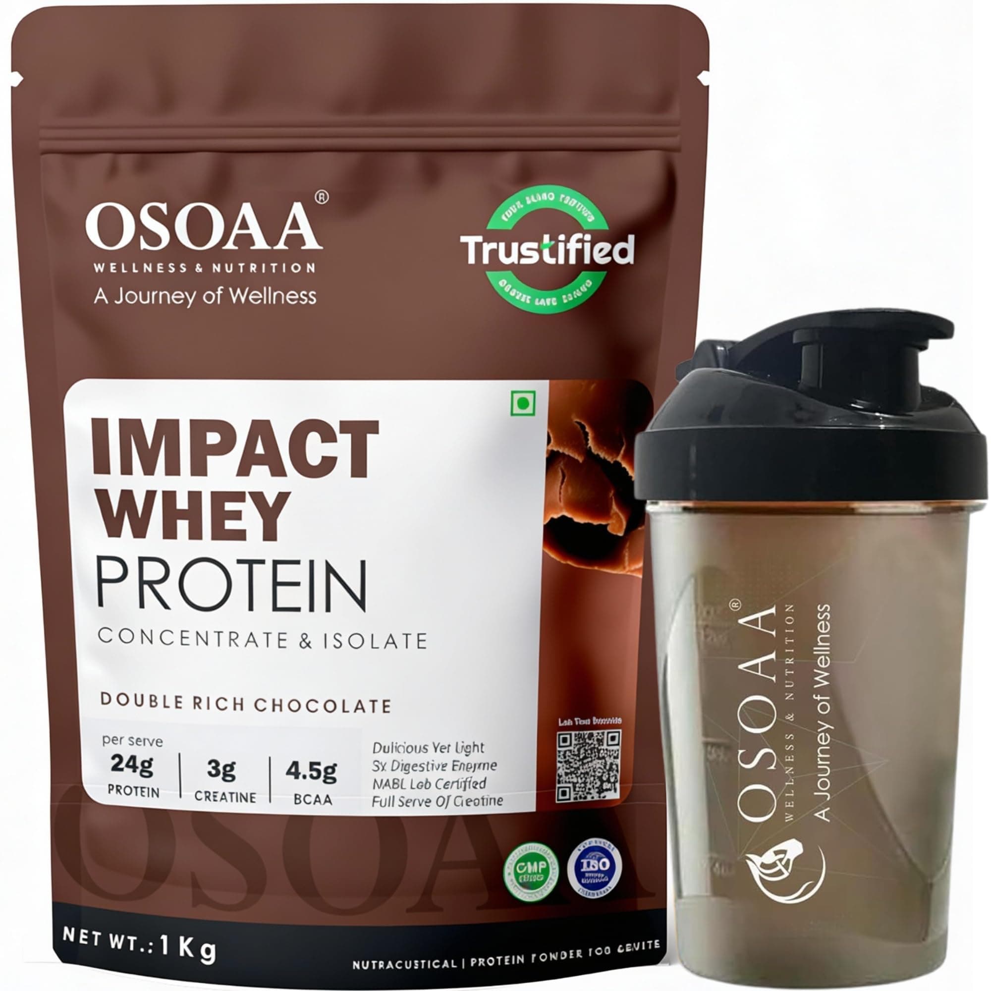 OSOAA Impact Whey Protein 1kg - Double Rich Chocolate with Shaker| Isolate & Concentrate | 24g Protein & 3g Creatine with 5X Digestive Enzymes | Trustified Certified & NABL Lab Tested