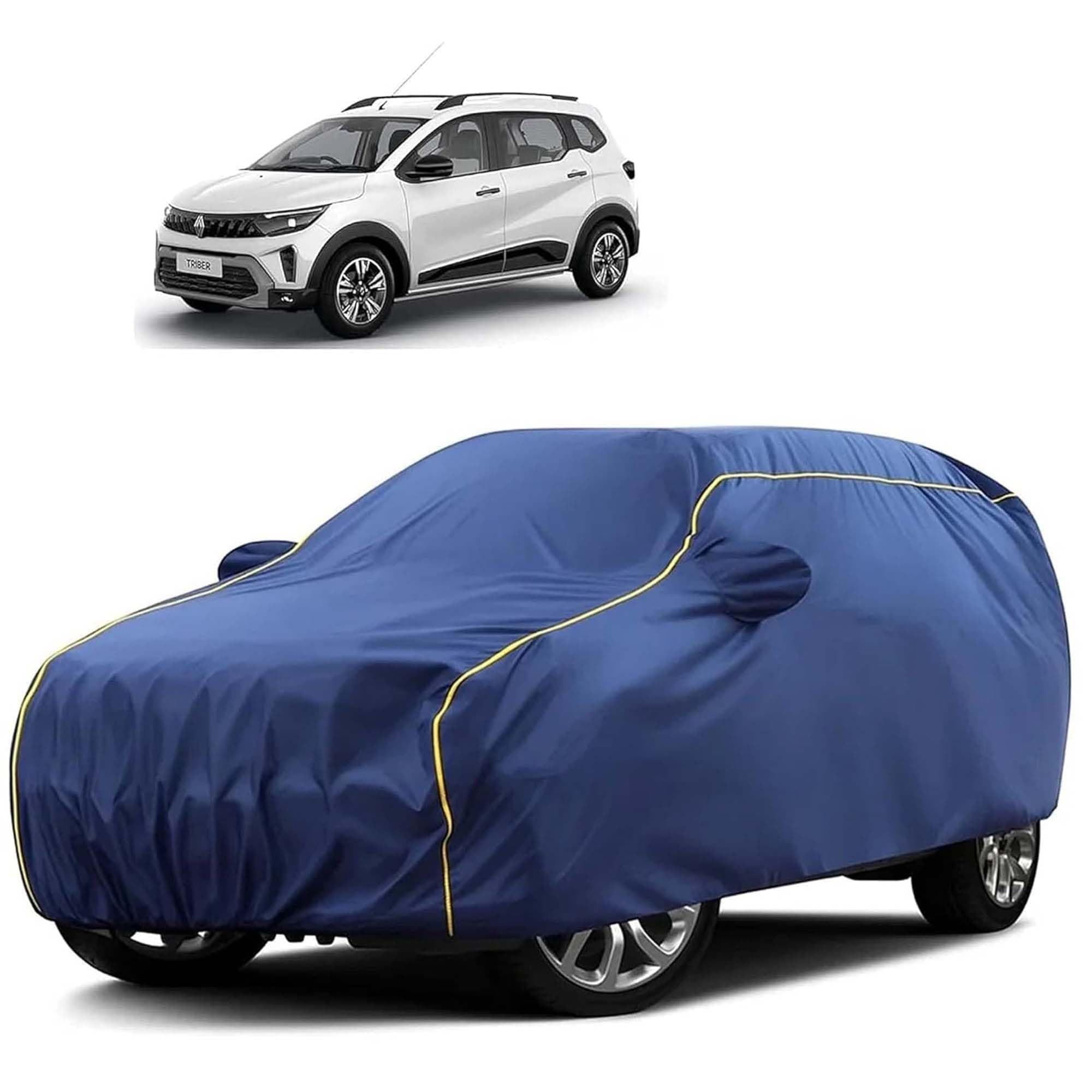 Sulfar 100% Water Resistant Car Body Cover Compatible with Mirror for Renault Triber (Triple Stitched, Full Bottom Elastic, Blue Tafetta with Yellow Piping)