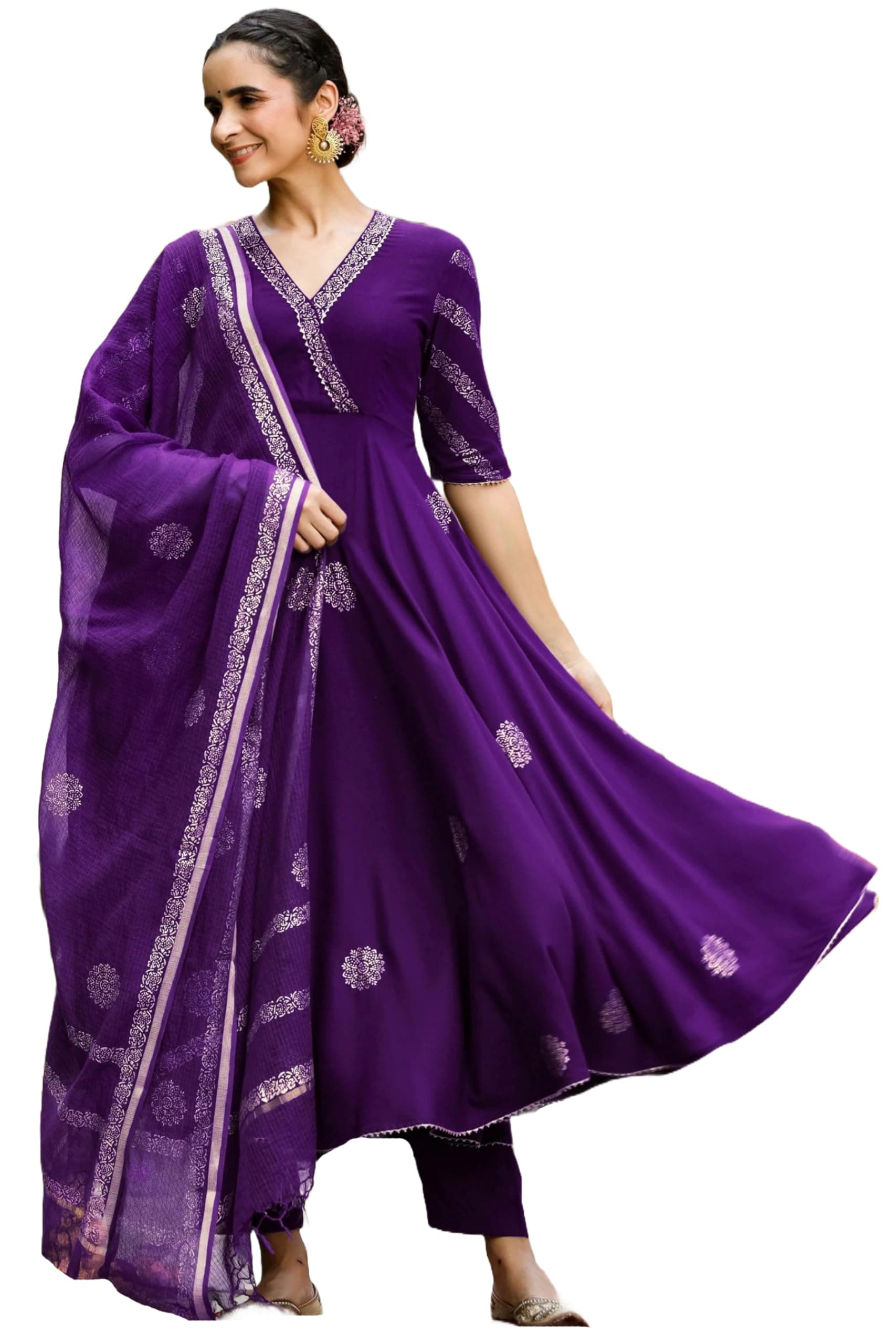 GoSriKi Women's Cotton Blend Printed Anarkali Kurta with Pant & Dupatta | Ethnic Wear for Women | Indian Casual Office Daily Summer Outfit