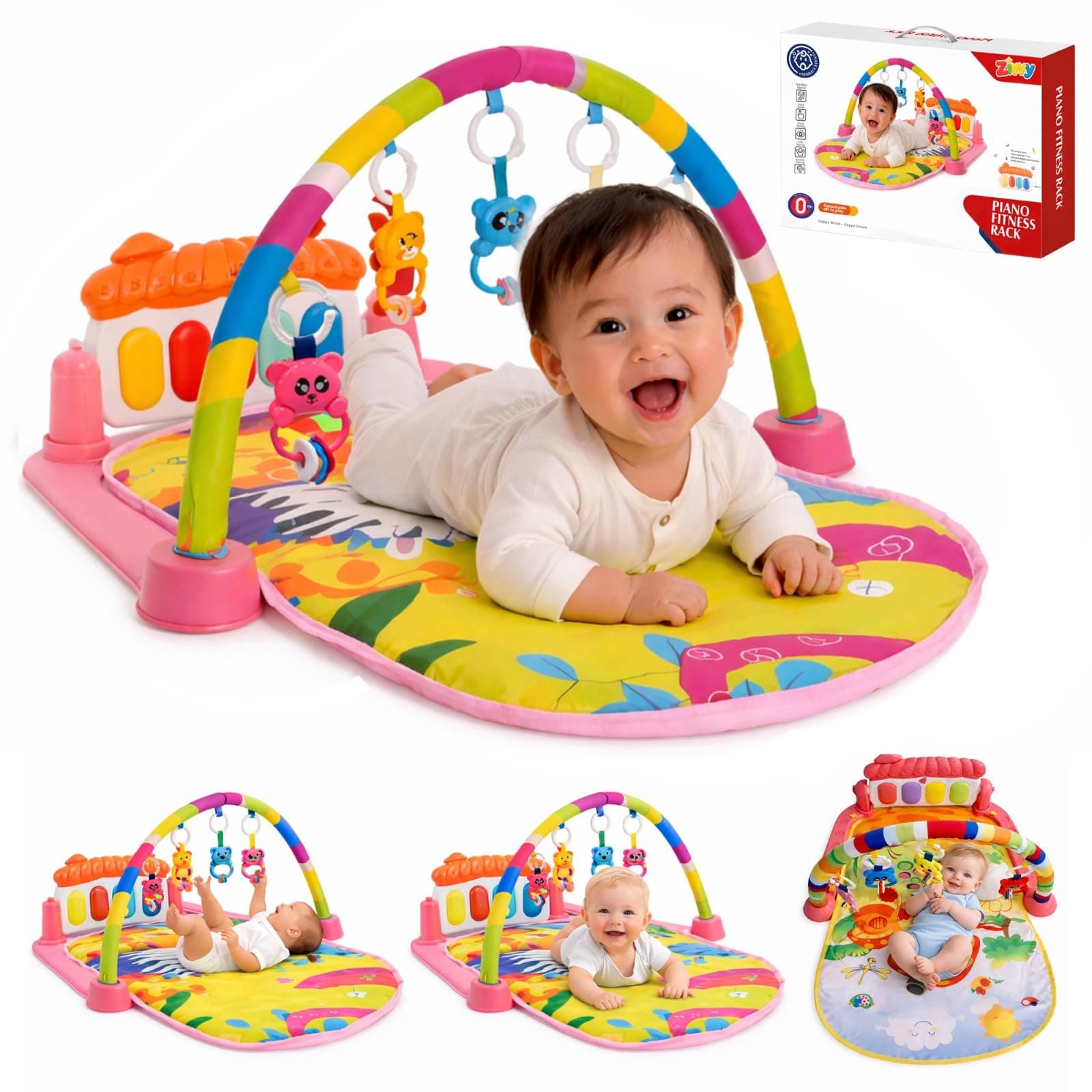 Zivvy Pink Play Gym for Babies 0 to 18 Months | Play Mat with Tummy Time Hanging Toys for Newborn | Floor Mat for Kids Playing | Infant Toys for 0 to 6 to 18 Months | New Born Baby Essentials & Gifts