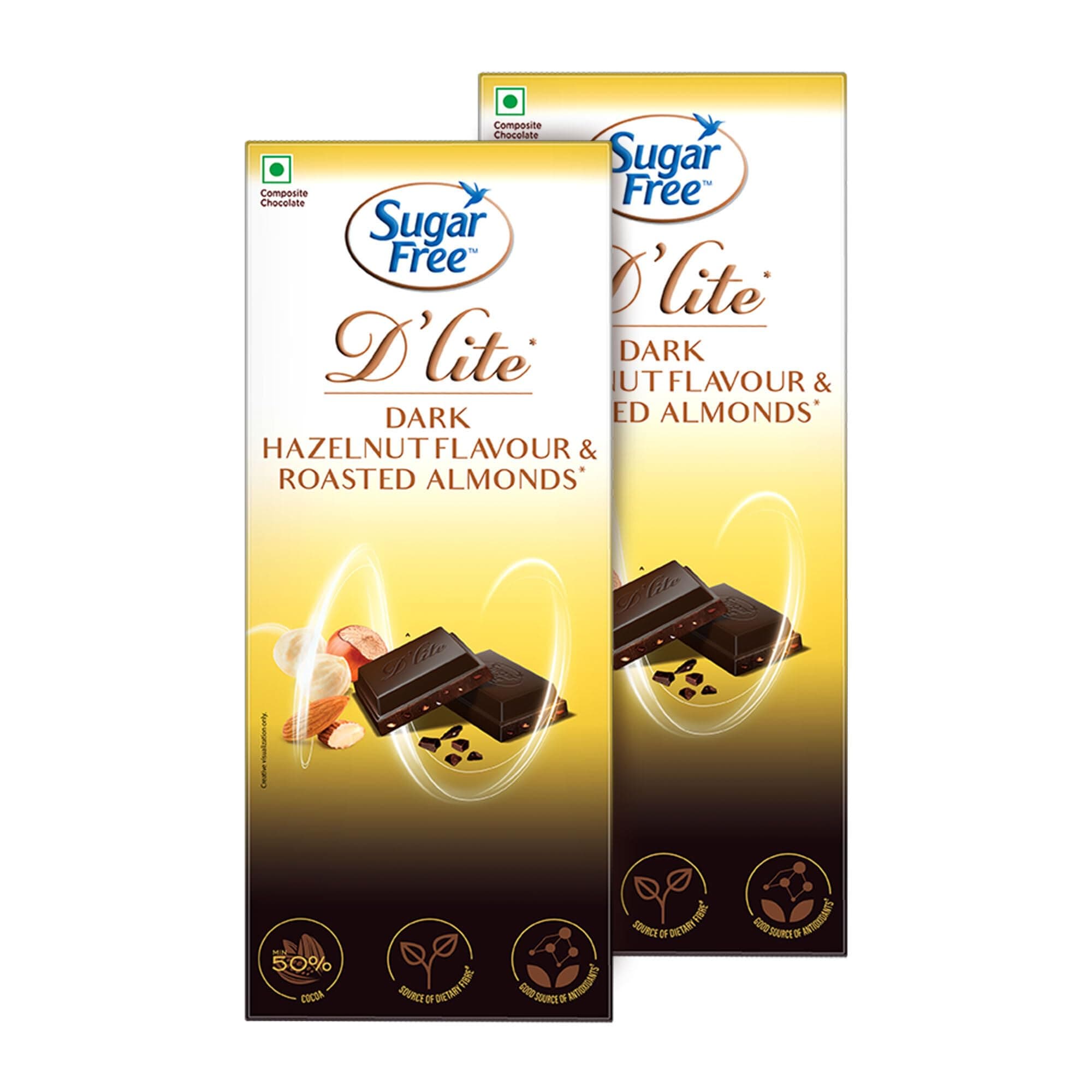 Sugar Free D'lite Hazelnut & Almonds Dark Chocolate Bar, 80 Grams (Pack of 2)
