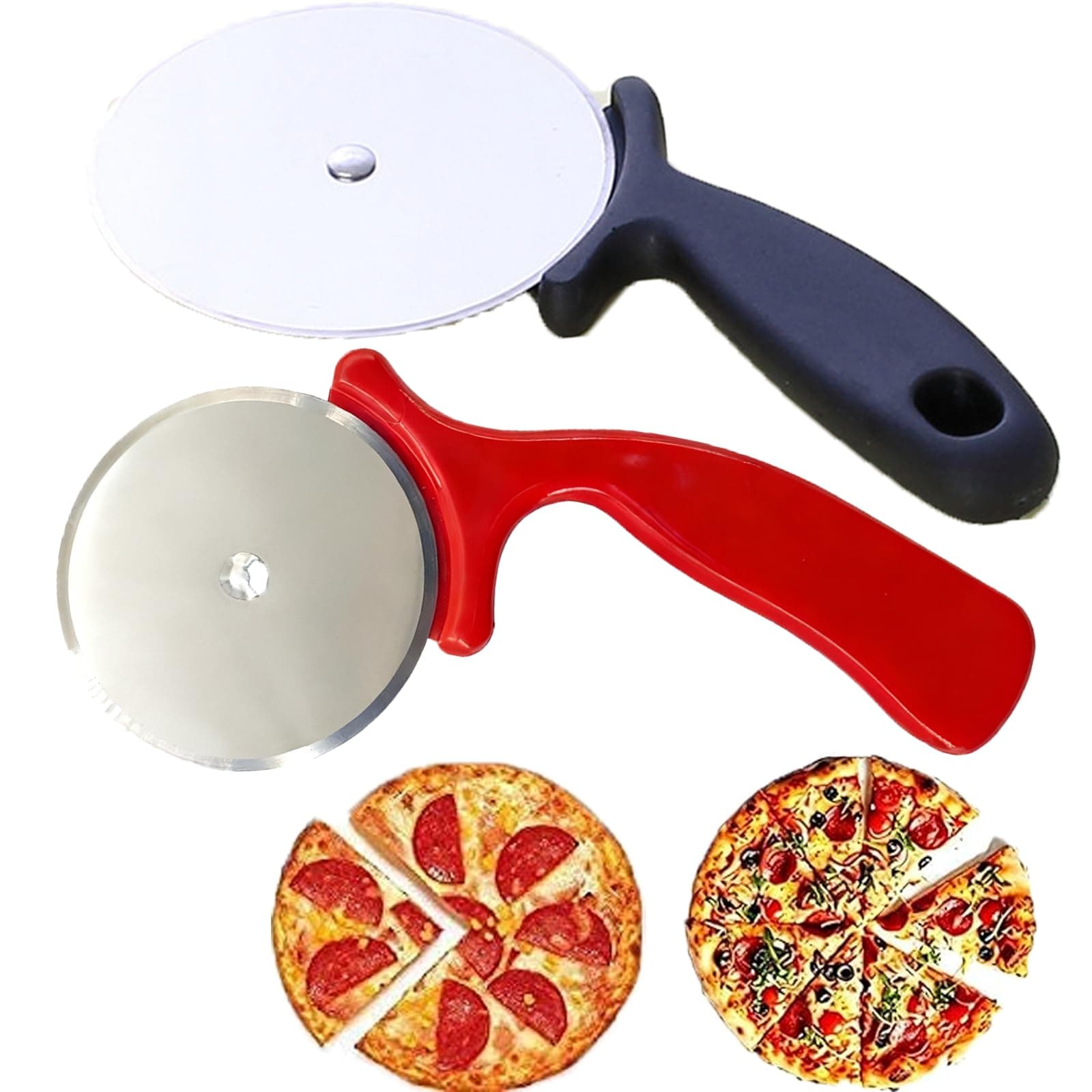 2Pcs Stainless Steel Large Pizza Cutter | Premium Pizza Cutter - Ideal for Cutting Pizza/Sandwich/Breads/Burger/Paratha | Rotating Slicer(Black,red)