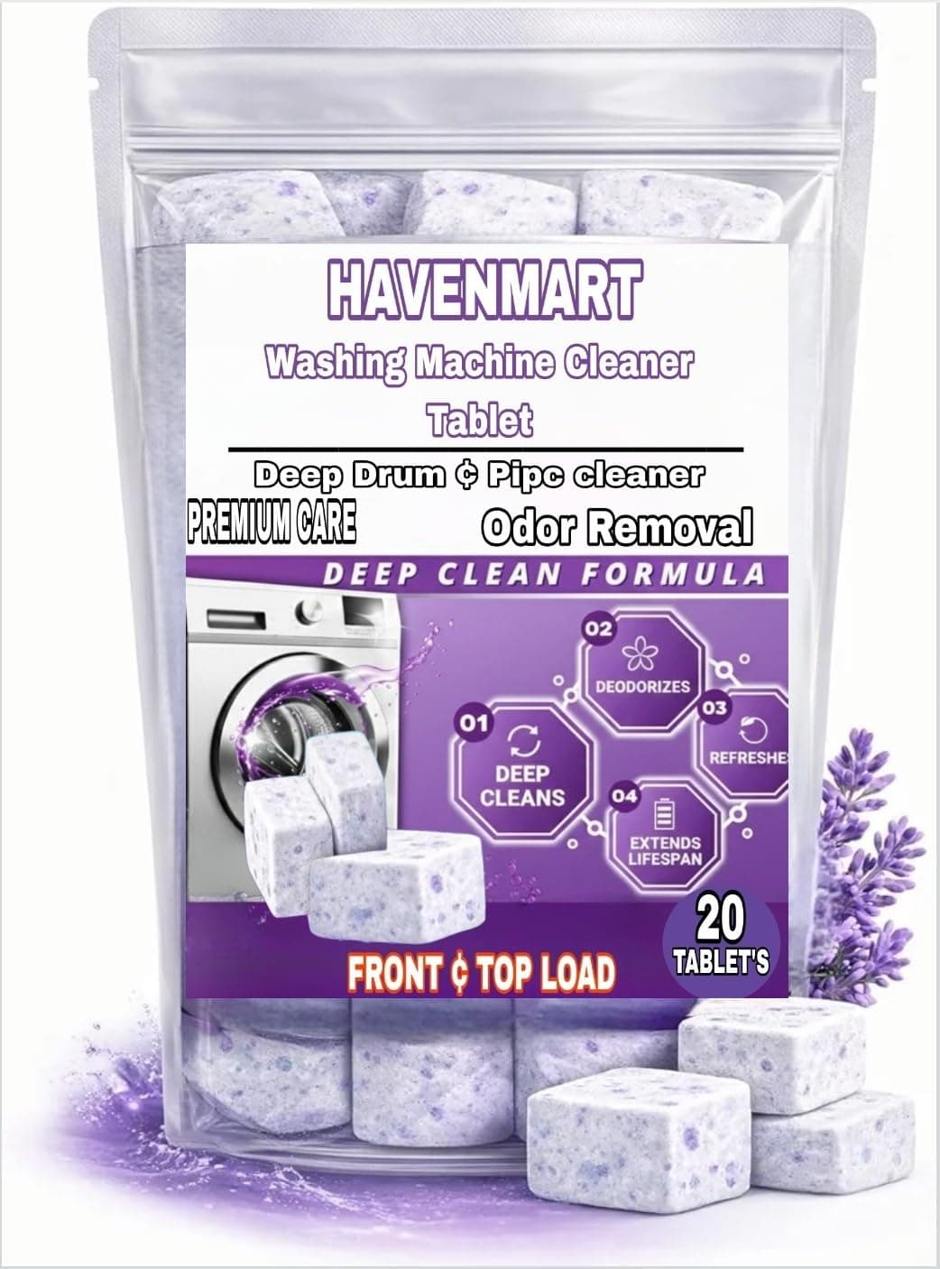Washing Machine Cleaner Tablets (Tablets 20) | Drum & Pipe Deep Cleaner | Lavender Scent | Removes Odour, Limescale & Residue | For Front Load & Top Load Fully Automatic Washing Machines (Lavender)